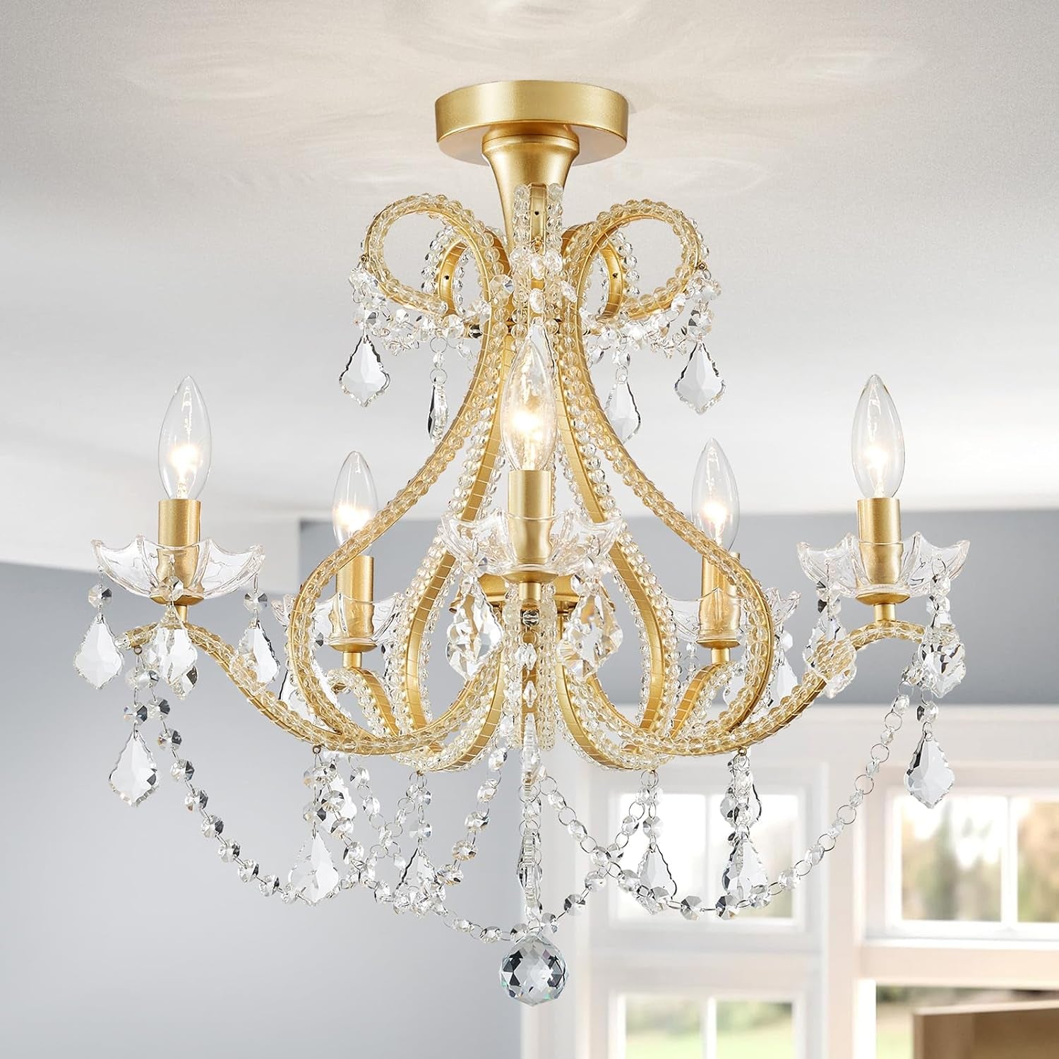 Gold Crystal Flush Mount Chandelier