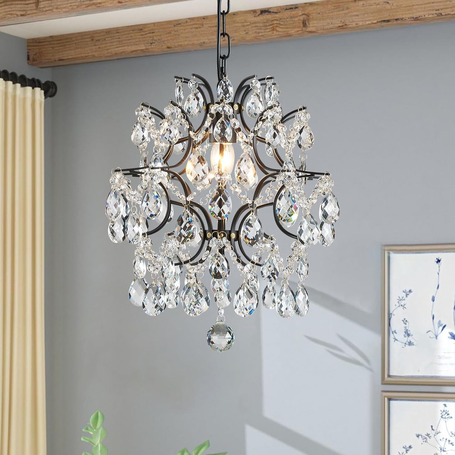 Gold Modern Pendant Chandelier Crystal Raindrop Lighting Ceiling Light Fixture Lamp for Dining Room Bathroom Bedroom Livingroom Entryway 1 E26 Bulbs Required D13 in X H16 In