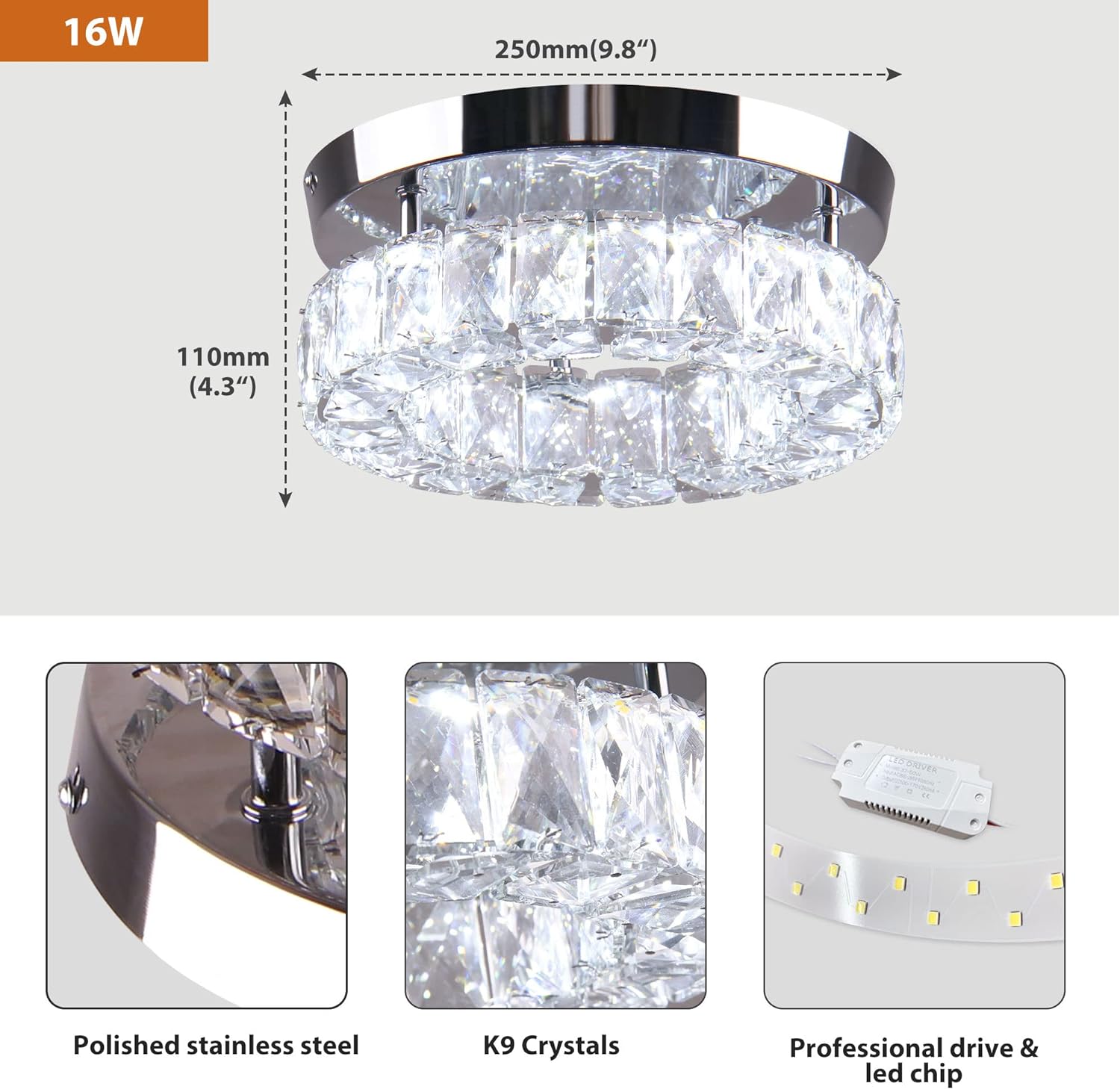 9.8" LED Crystal Ceiling Light – 6000K, 15W