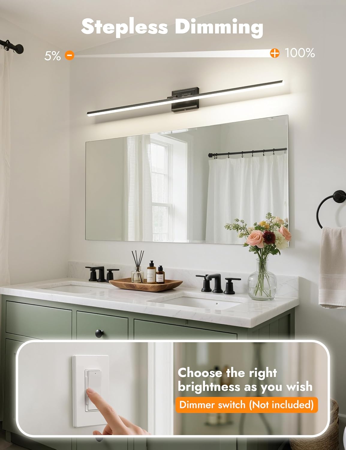 48" Black LED Vanity Light – 5CCT, Dimmable