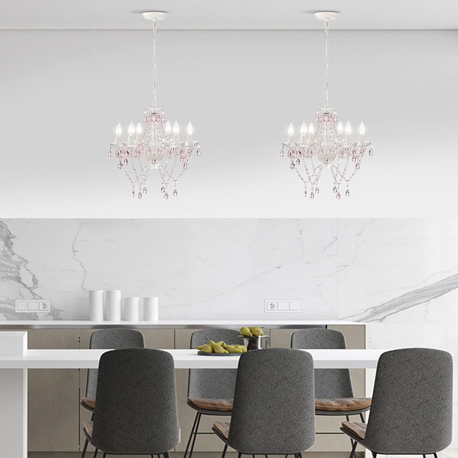 White & Pink Crystal Candle Chandelier – 6-Light