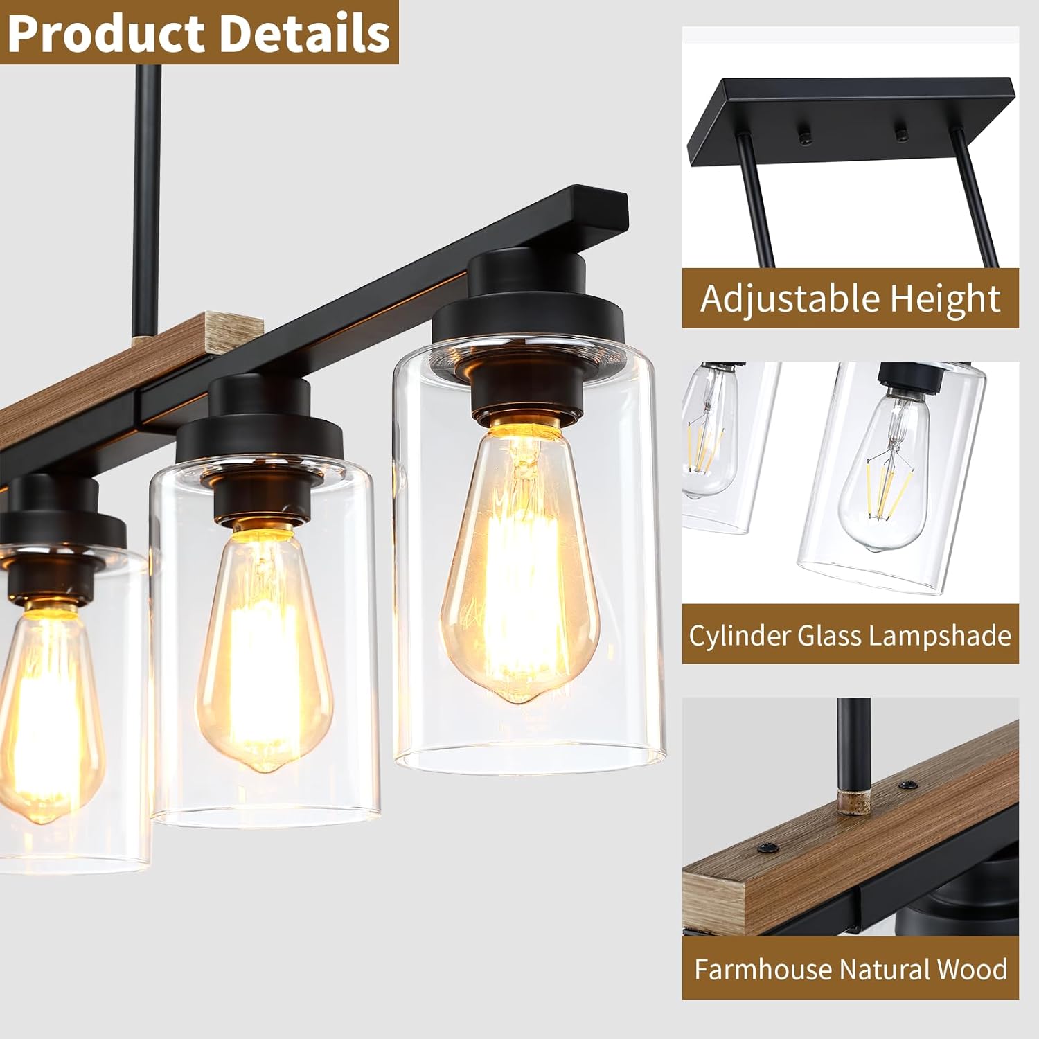 Farmhouse 4-Light Kitchen Island Lighting – Modern Wood Chandelier