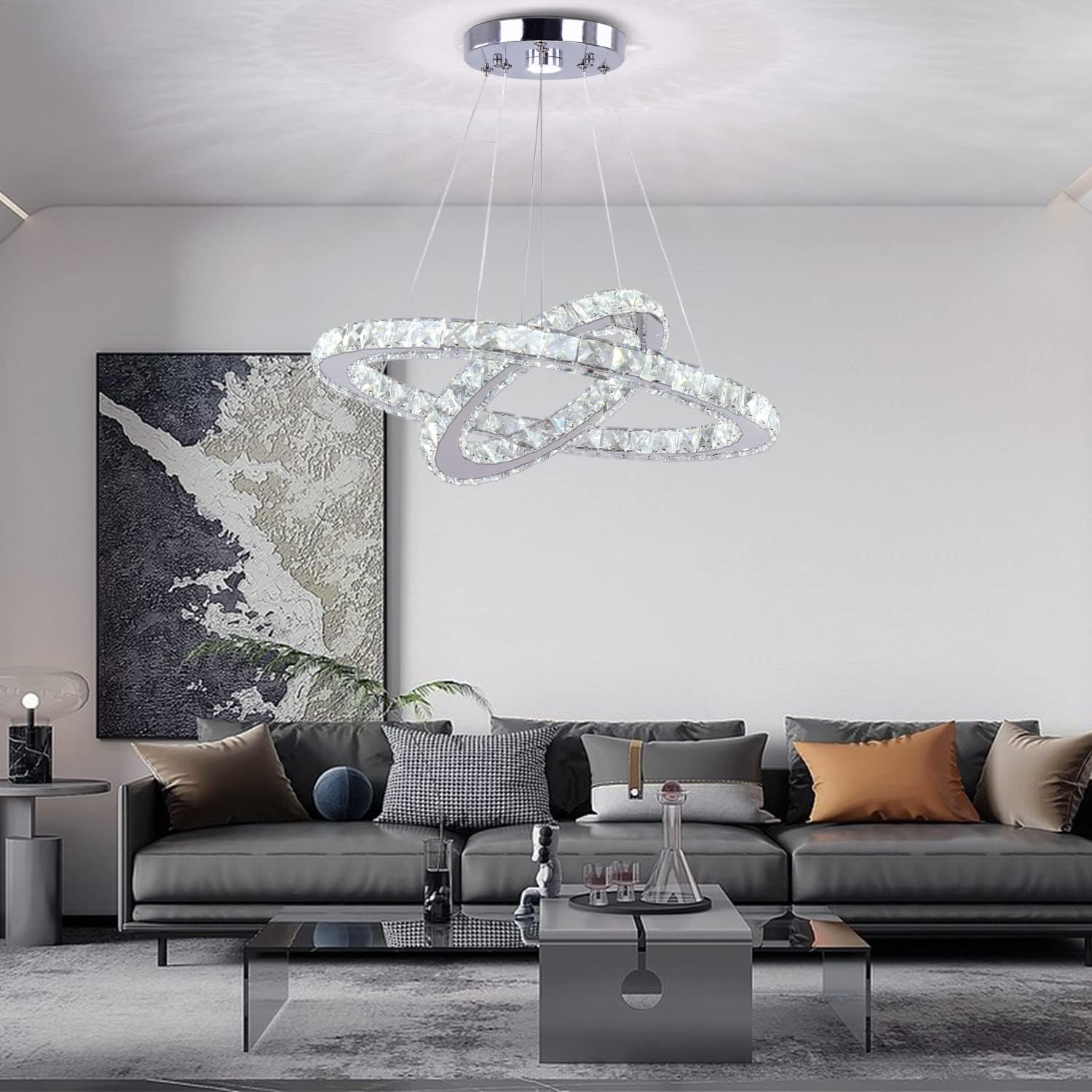 LED 2-Ring Modern Crystal Chandelier White