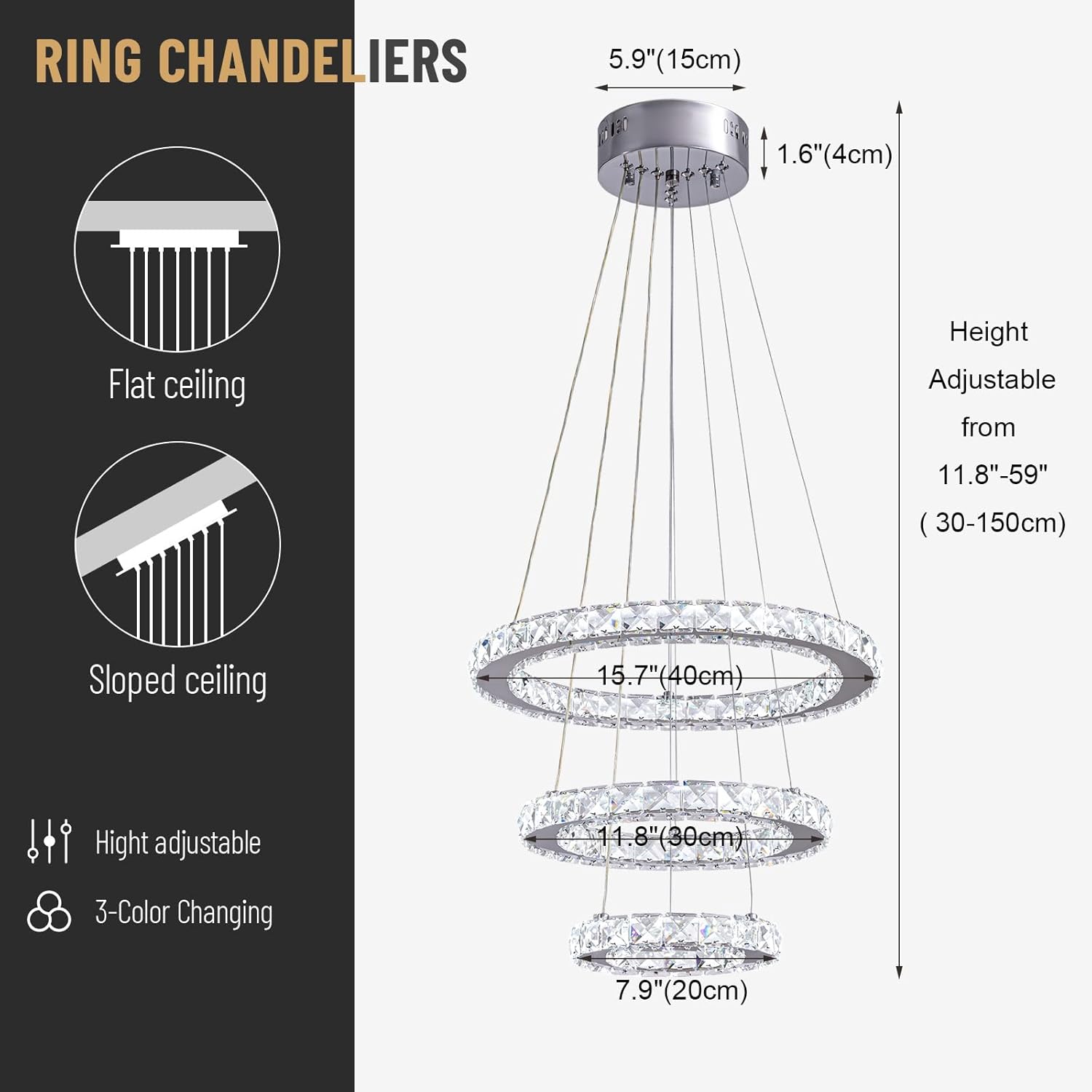 Modern Crystal LED Chandelier – 3-Ring Silver Pendant Light