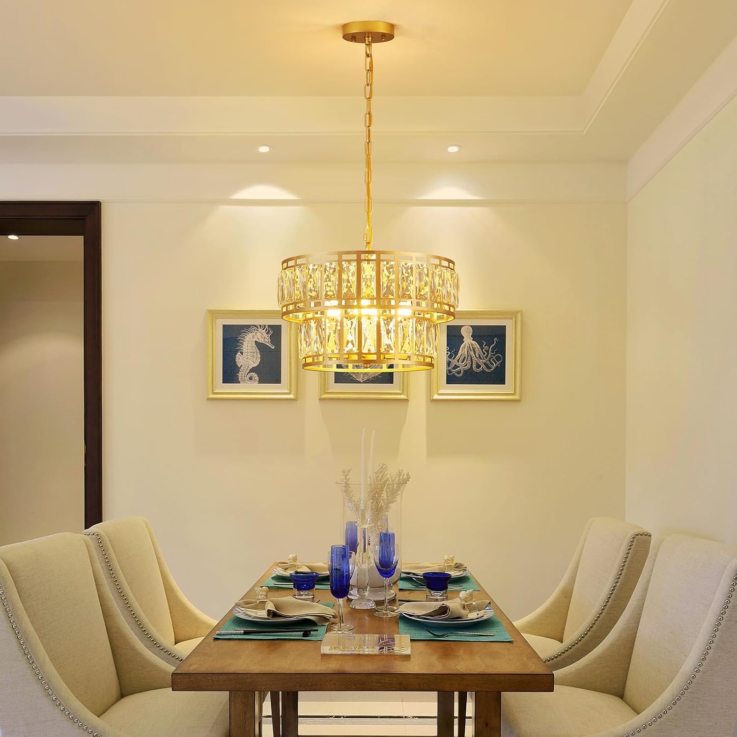 16" Gold Crystal Chandelier – 4-Light Modern 2-Tier Pendant