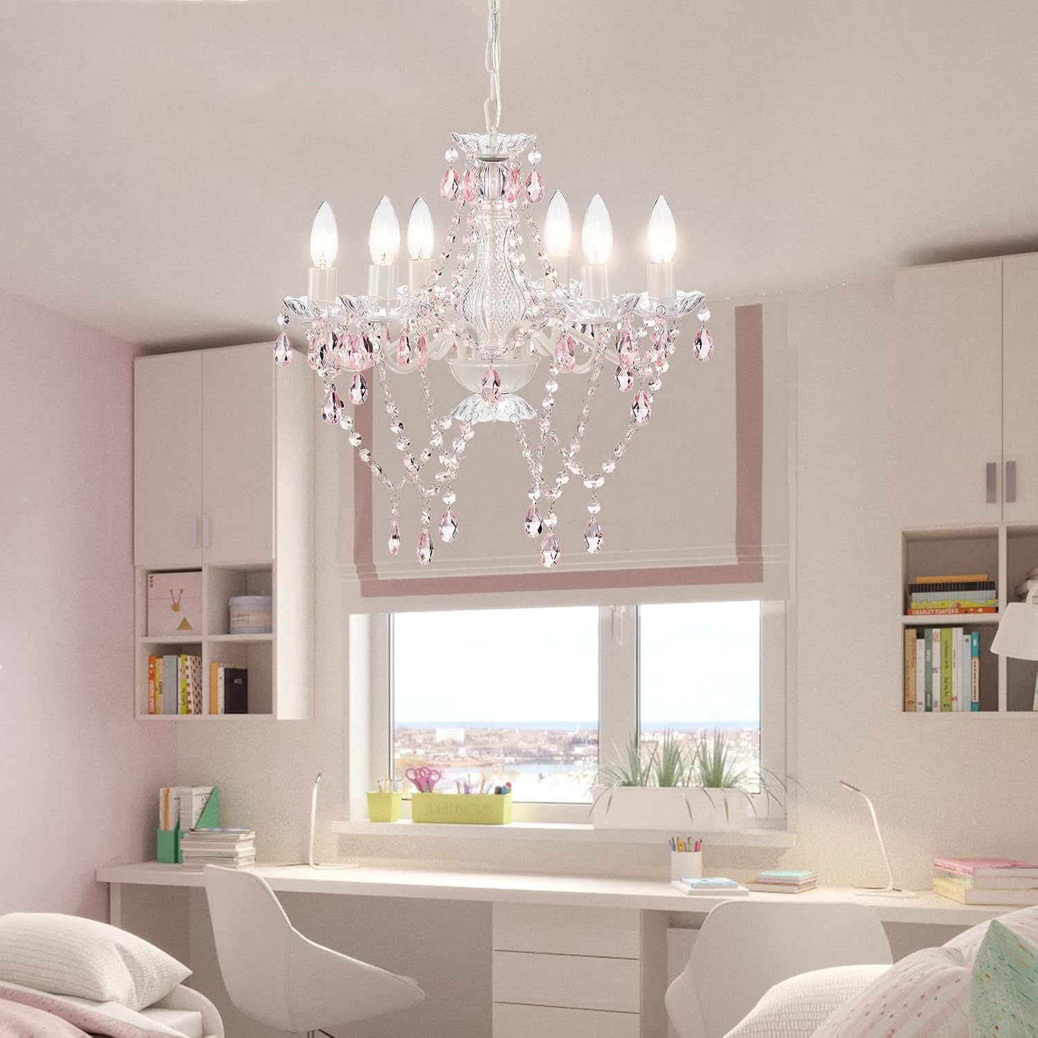 White & Pink Crystal Candle Chandelier – 6-Light