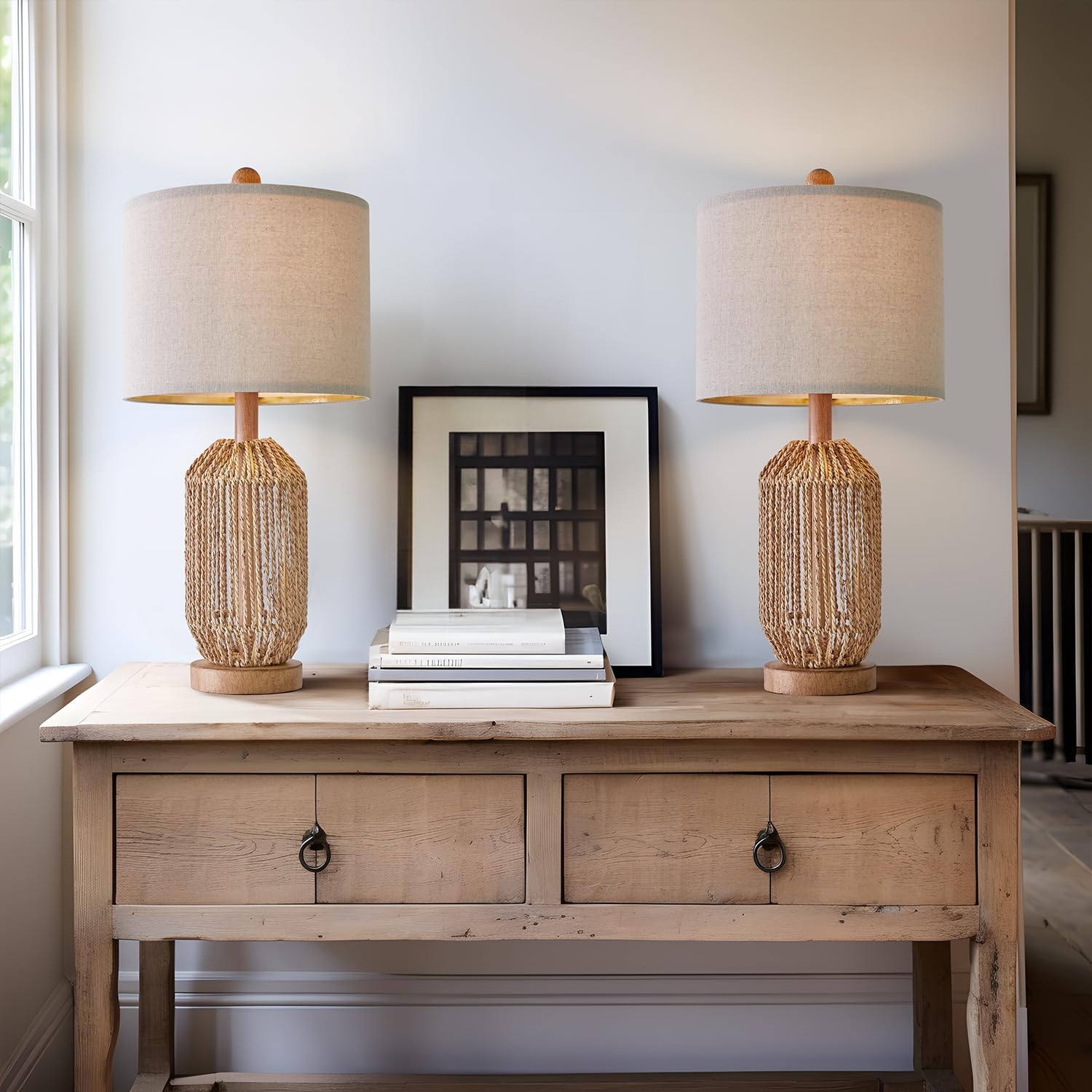 Set of 2 Boho Rattan Table Lamps – 21" Brown