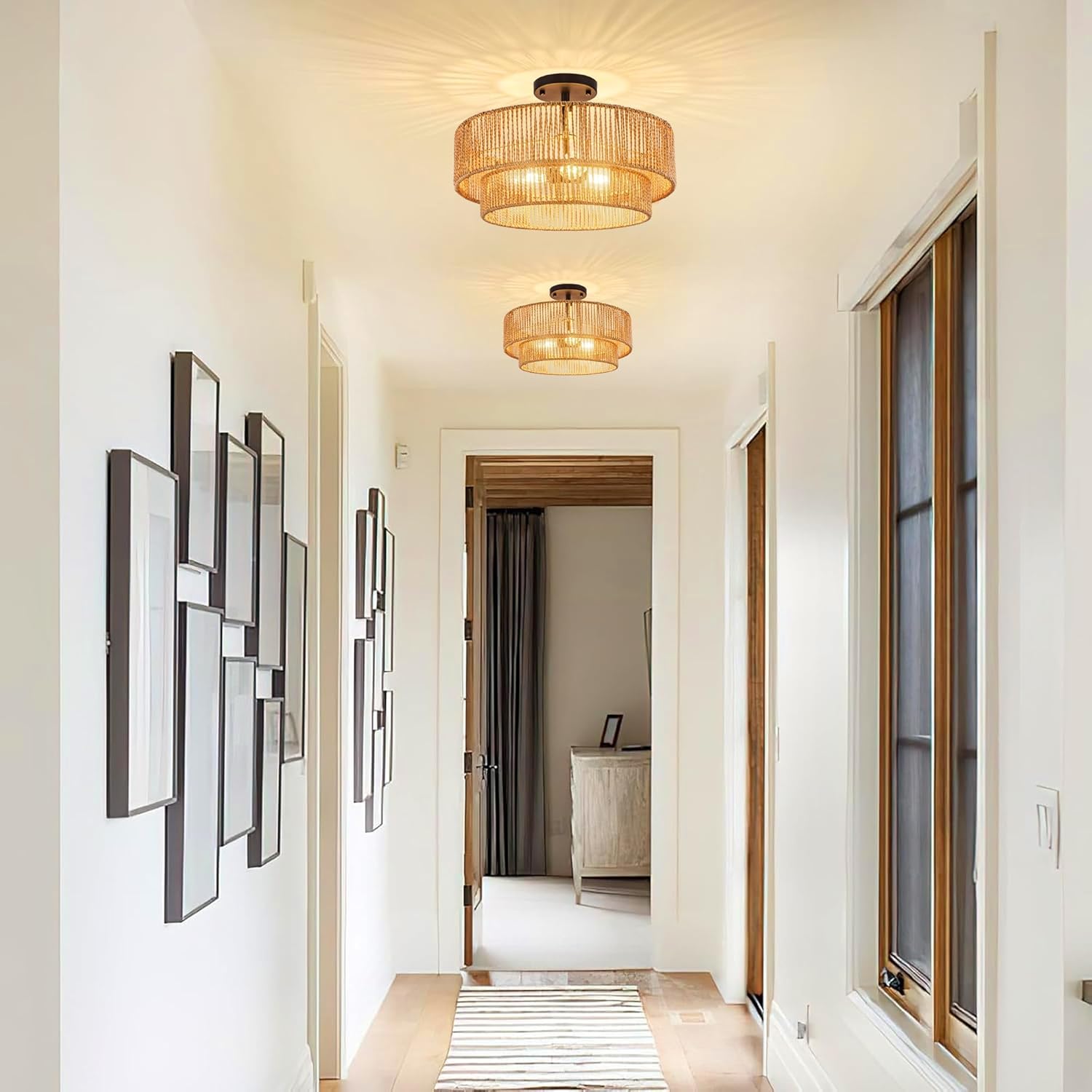 Boho Rattan Flush Mount Ceiling Light – 3 Lights