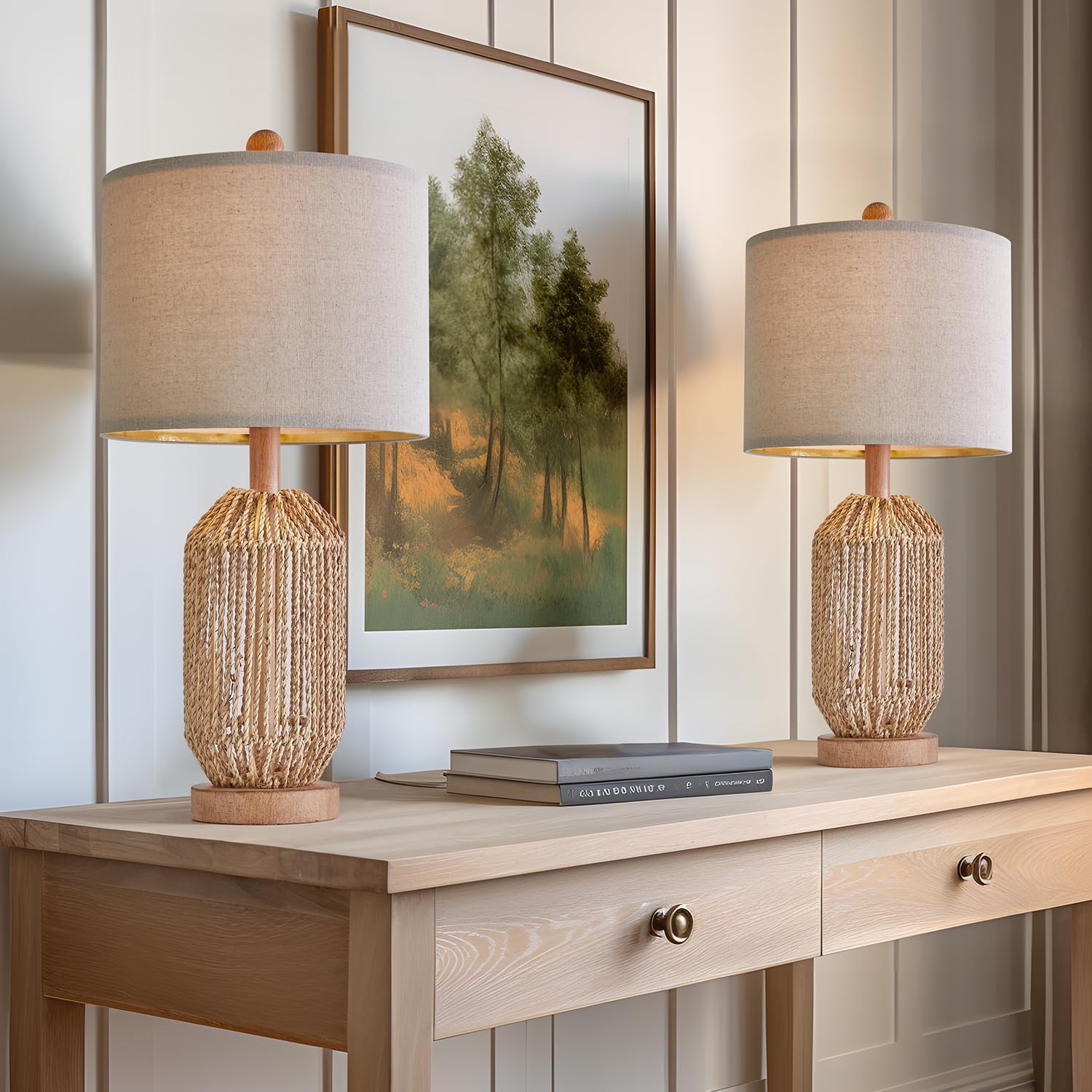 Set of 2 Boho Rattan Table Lamps – 21" Brown