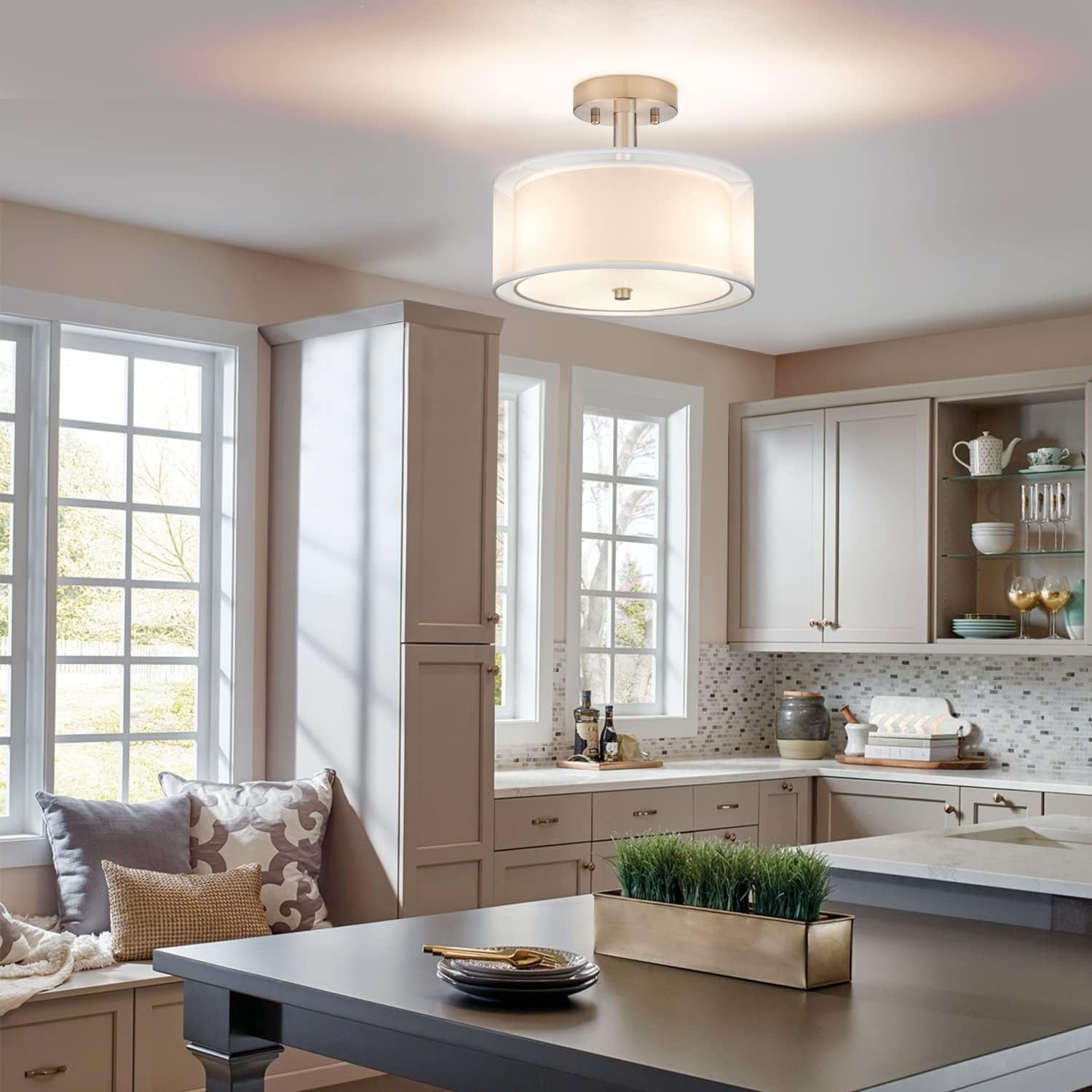 3-Light Semi Flush Mount Drum Ceiling Light