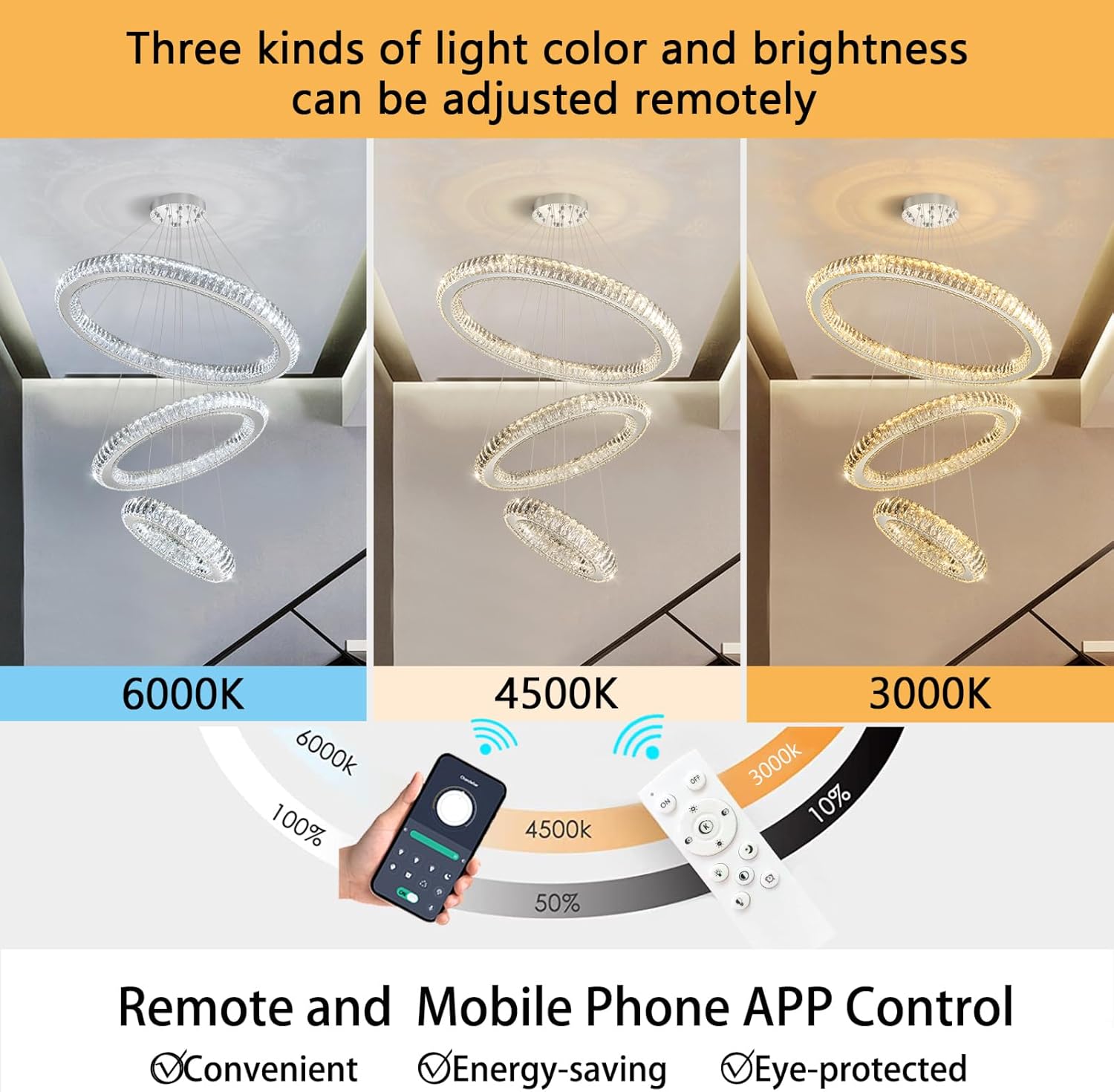 Modern 3-Ring Crystal LED Chandelier