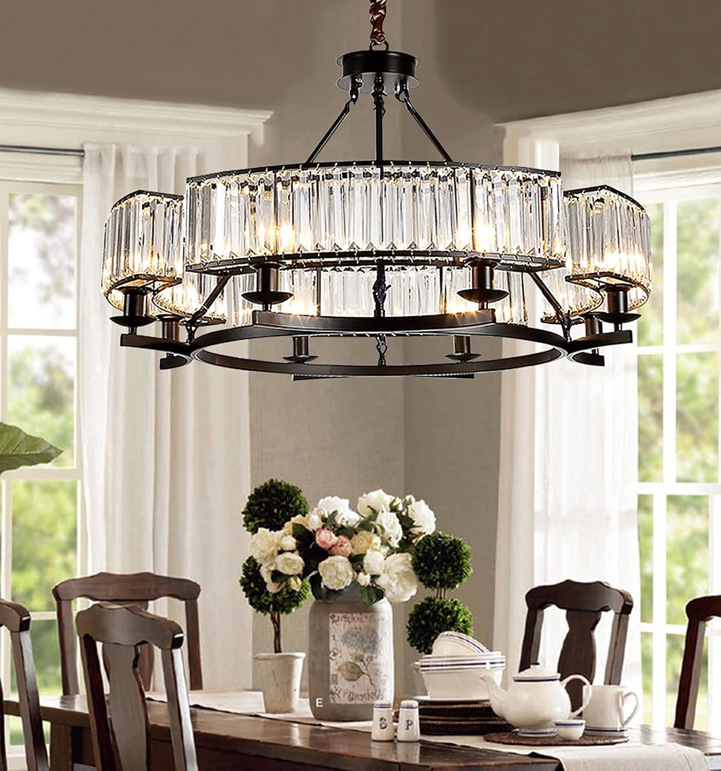 Farmhouse Crystal Chandelier – Black Pendant with K9 Crystals