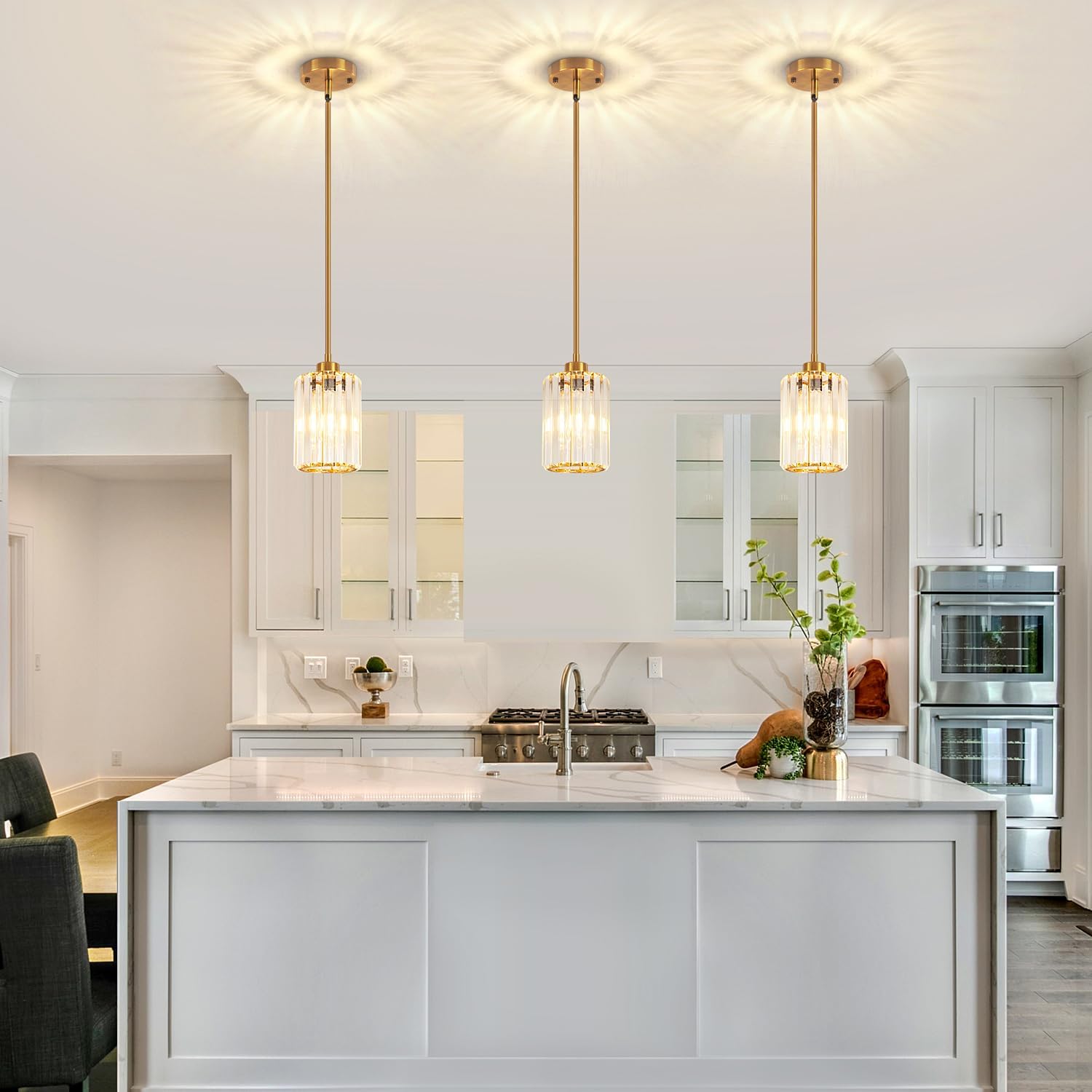 2-Pack Vintage Pendant Lights – Brass Finish with Clear Striped Glass