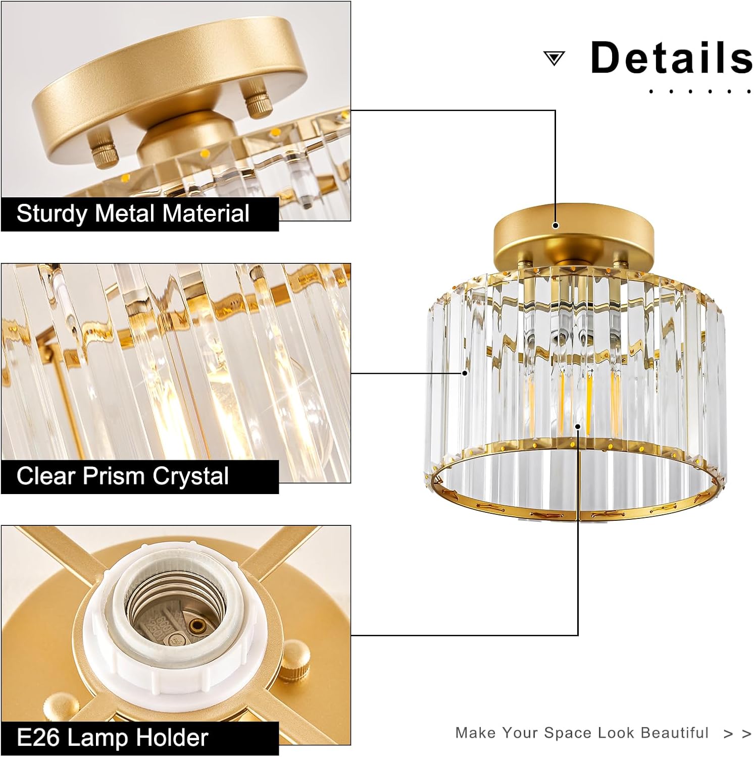 Gold Crystal Semi Flush Ceiling Light – 8.66"