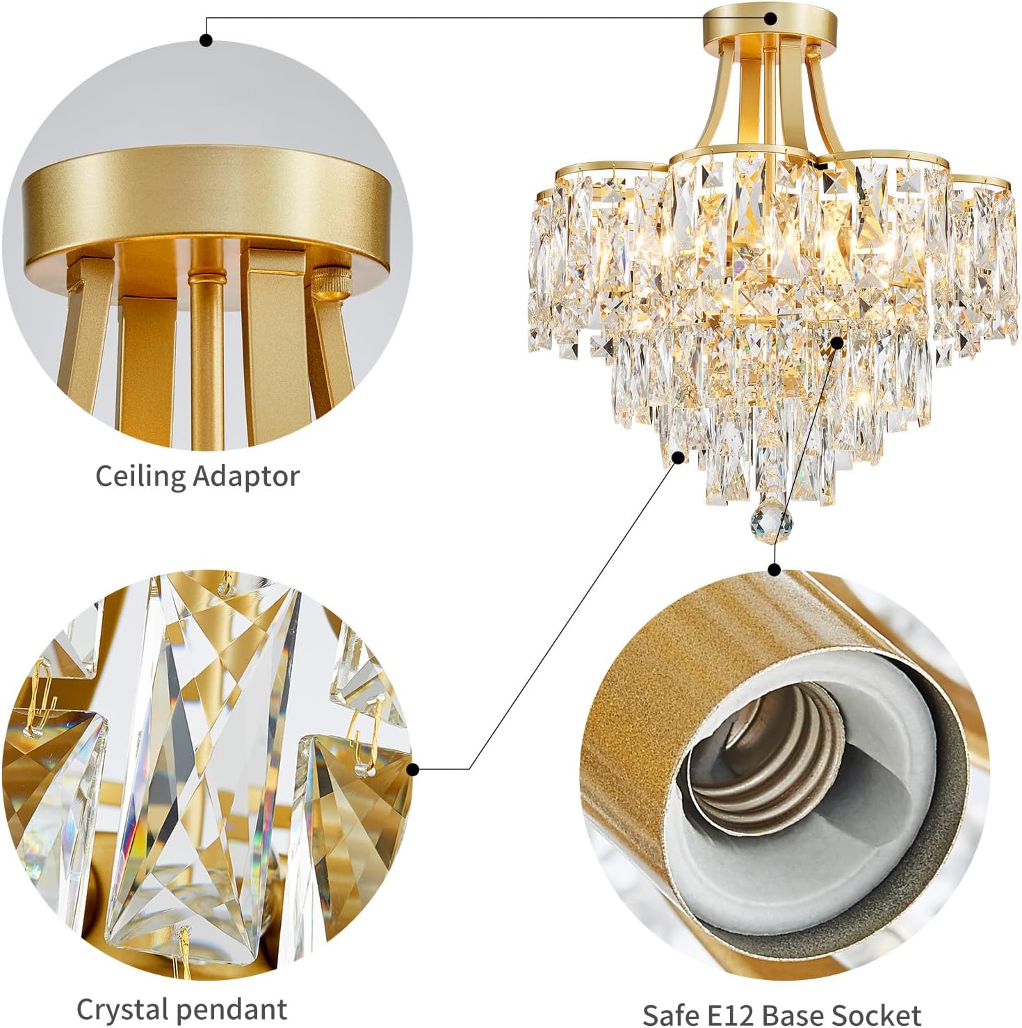 Crystal Chandelier Semi-Flushmount Ceiling Light – Modern Gold Finish