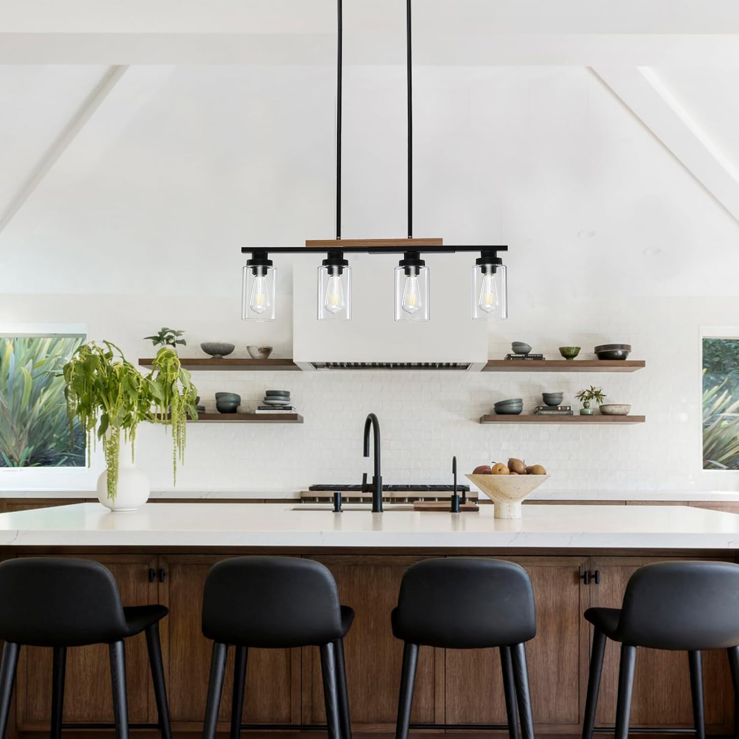 Farmhouse 4-Light Kitchen Island Lighting – Modern Wood Chandelier