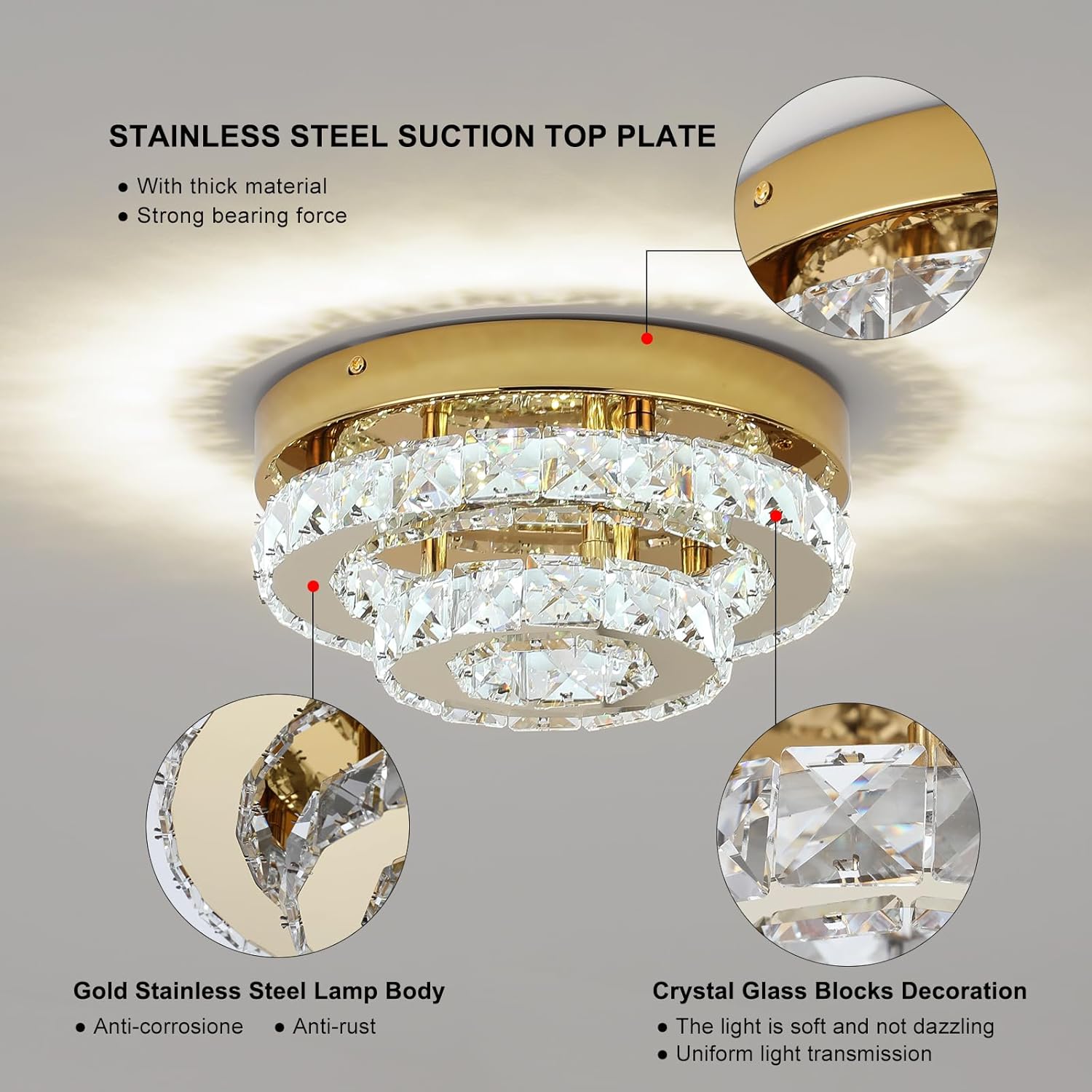 Gold Crystal Chandelier Flush Mount Ceiling Light – 9.8" LED Surface Mount