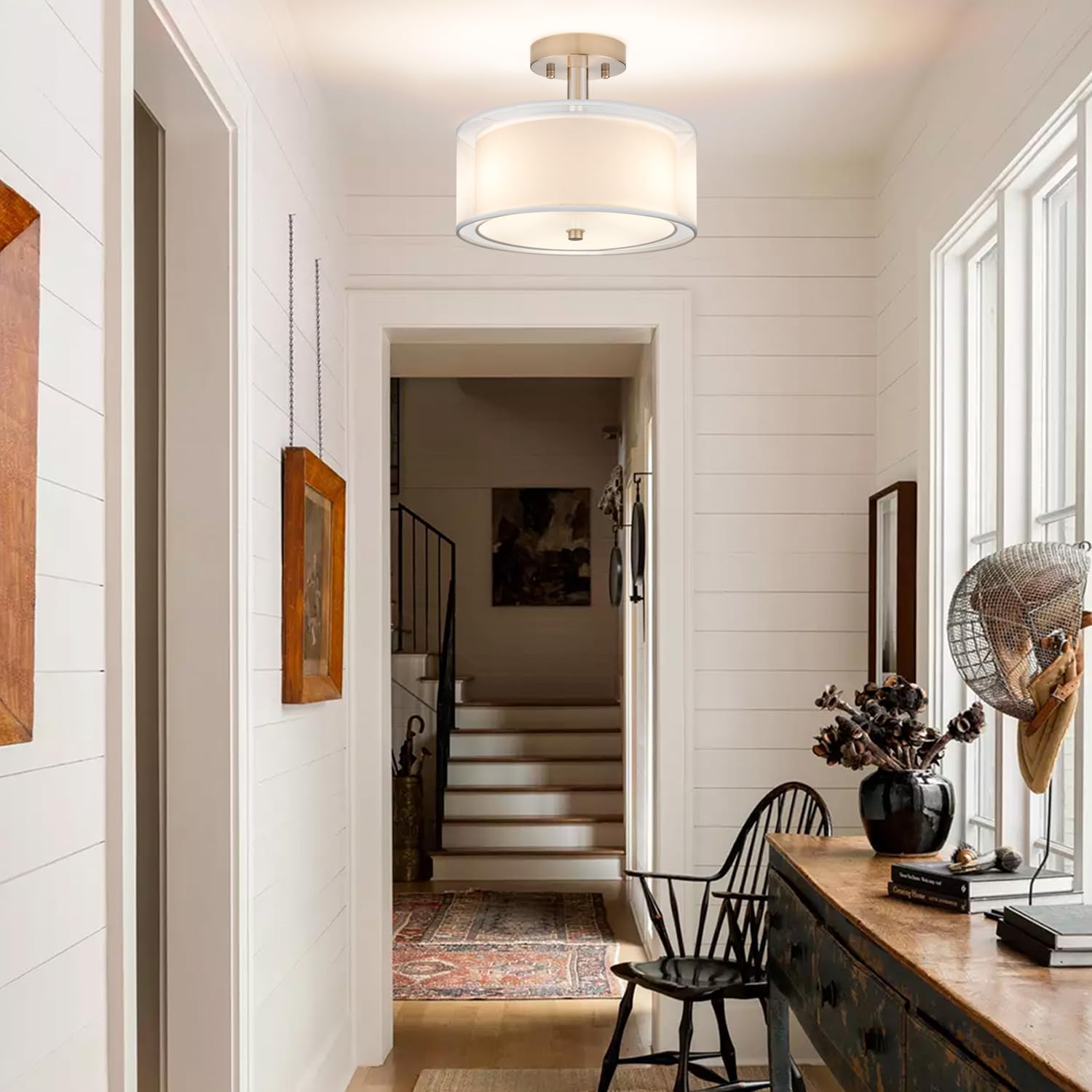 3-Light Semi Flush Mount Drum Ceiling Light