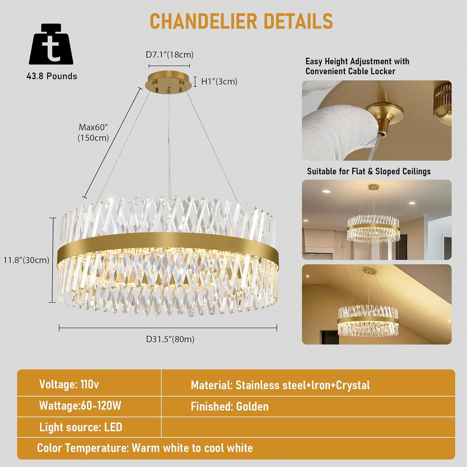 32" Modern Gold Crystal Chandelier – Luxury Round Pendant