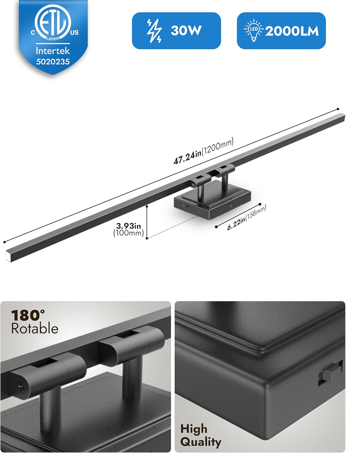 48" Black LED Vanity Light – 5CCT, Dimmable