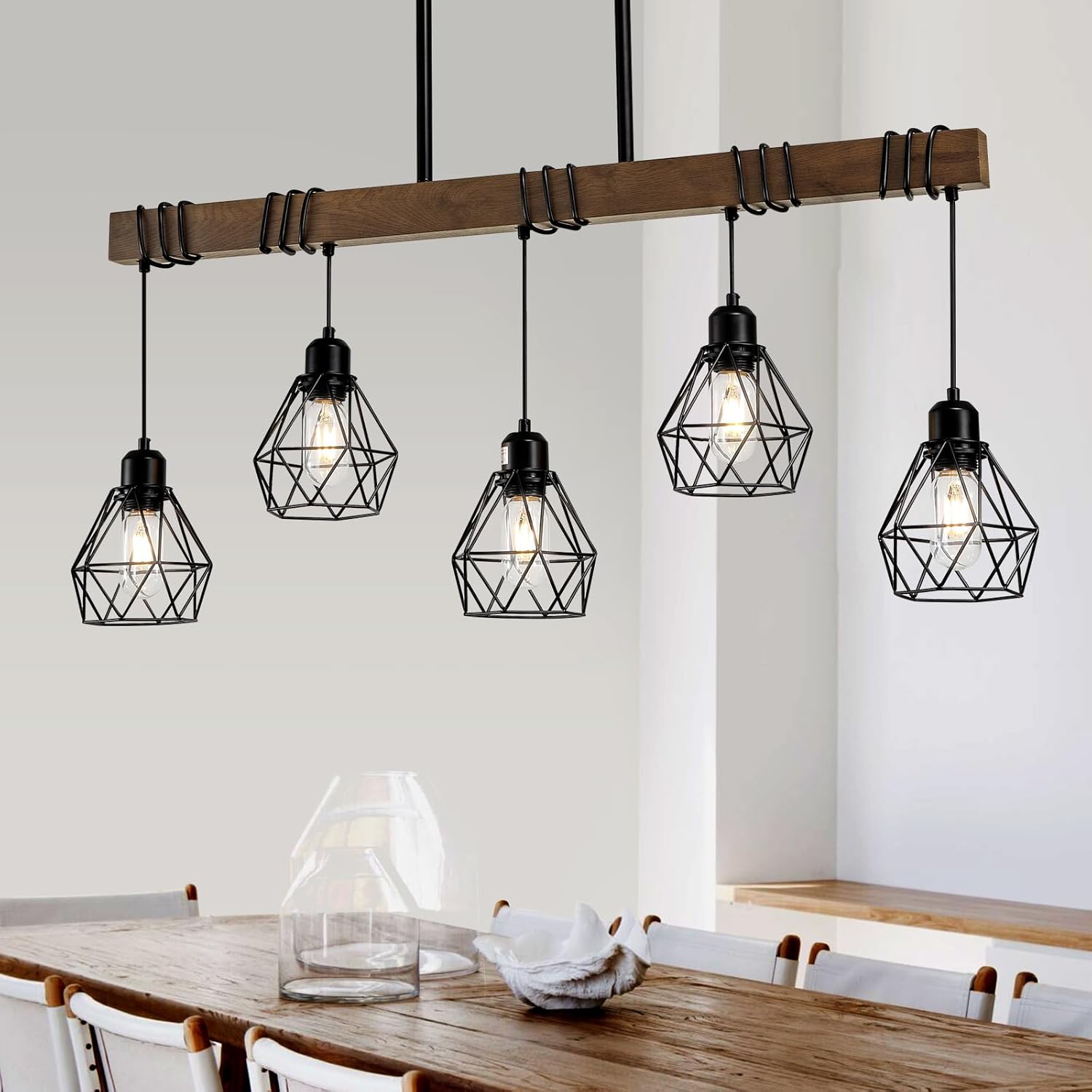 5-Light Farmhouse Wood & Metal Kitchen Chandelier – Black Finish