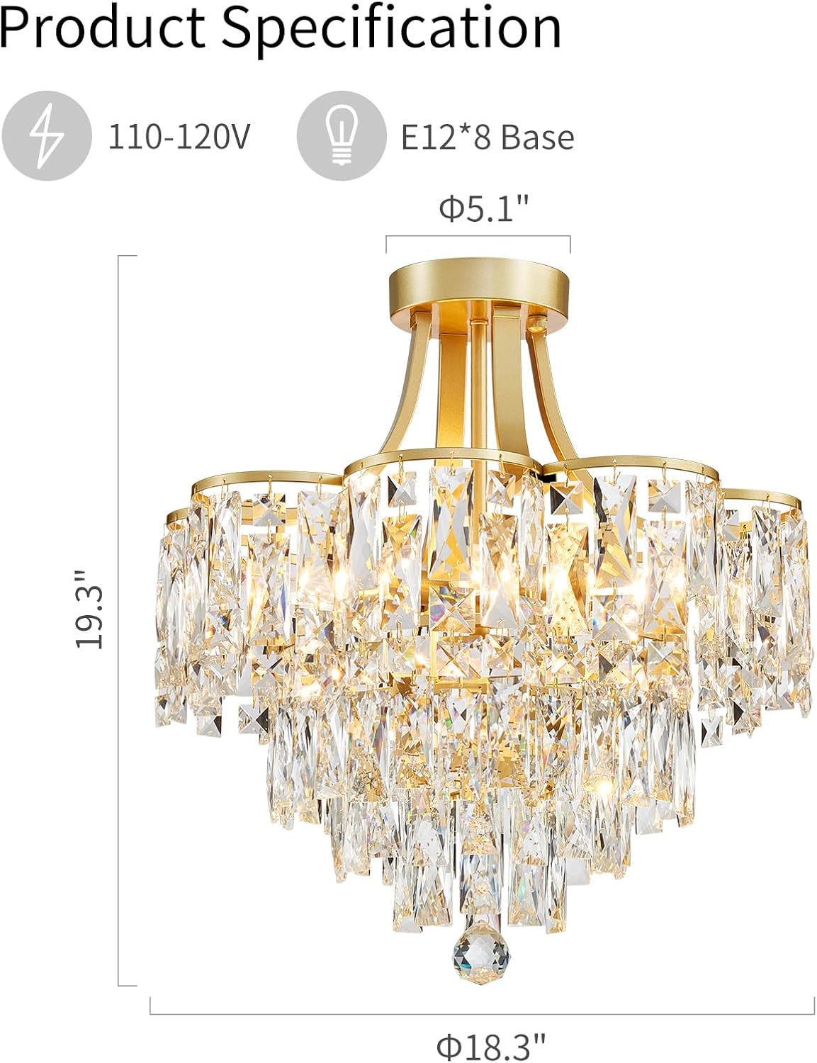 Crystal Chandelier Semi-Flushmount Ceiling Light – Modern Gold Finish