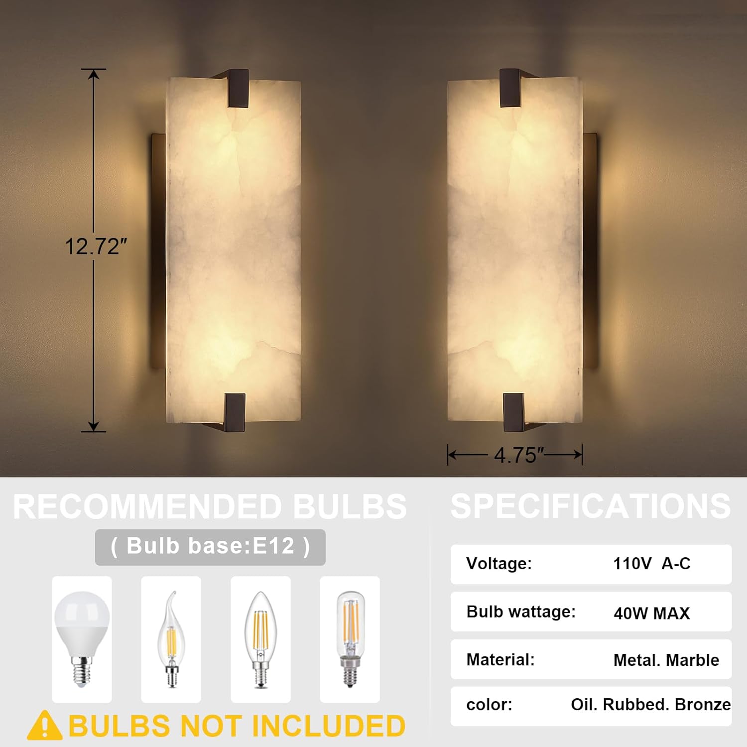 2-Pack 12.7" Alabaster Oval Bathroom Wall Sconce