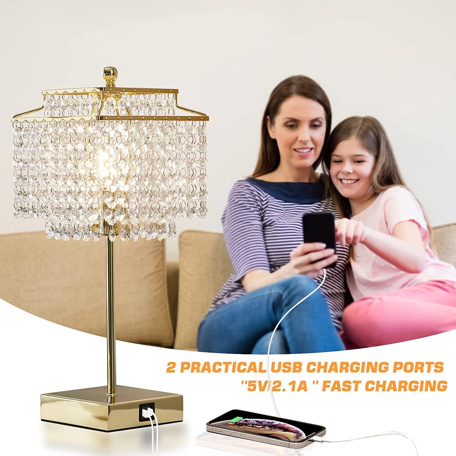 Crystal Touch Lamp – Gold, USB, 3-Way Dimmer