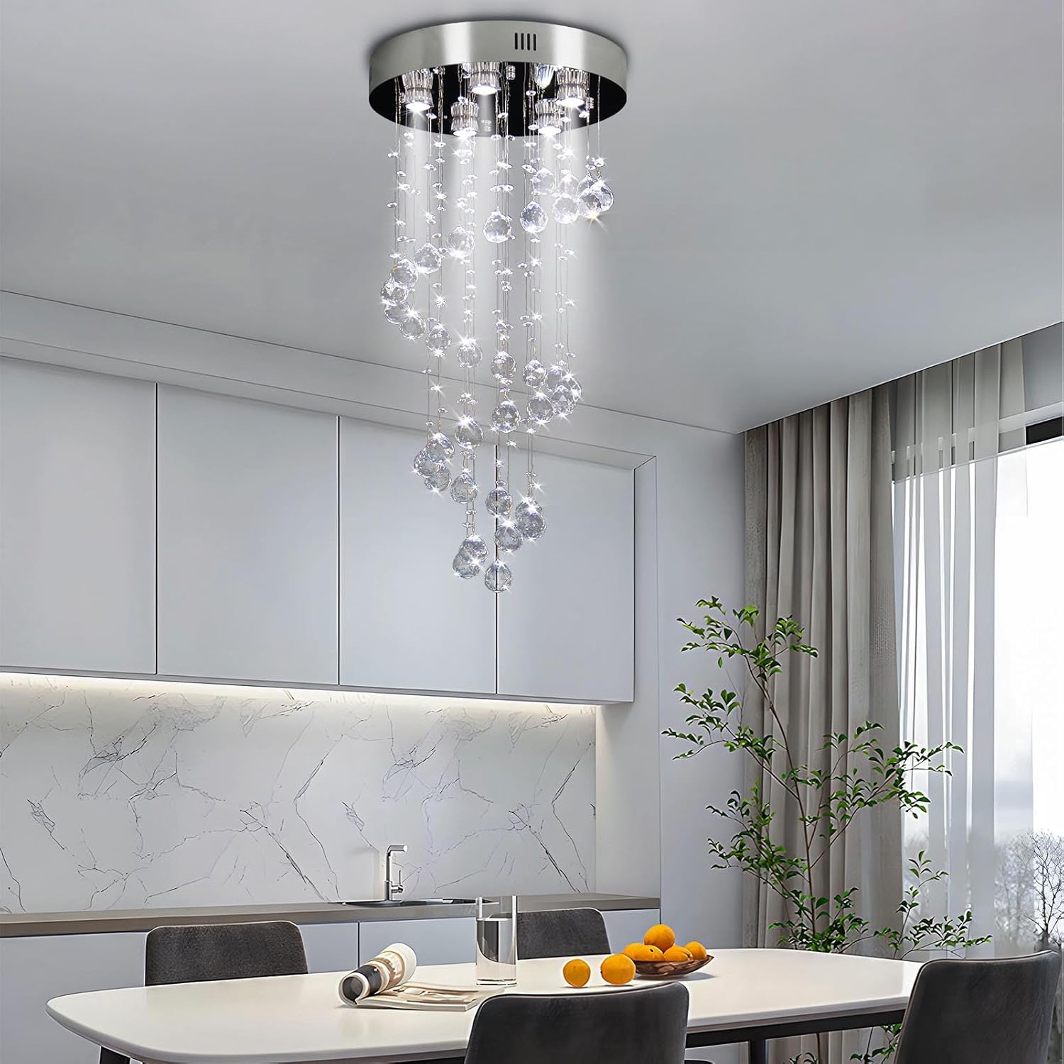 Spiral Crystal Chandelier – Modern Raindrop Flush Mount, 5 Lights