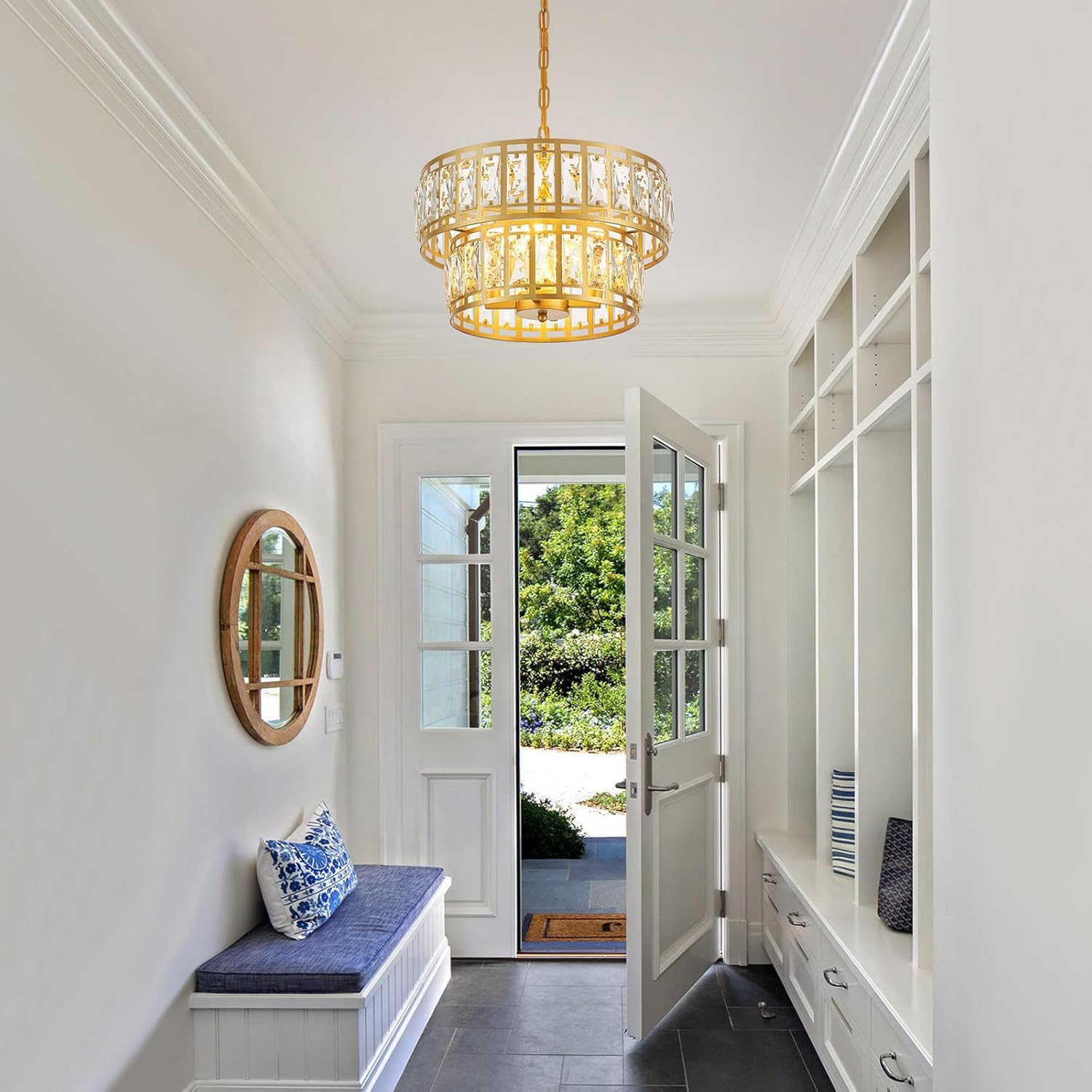 16" Gold Crystal Chandelier – 4-Light Modern 2-Tier Pendant