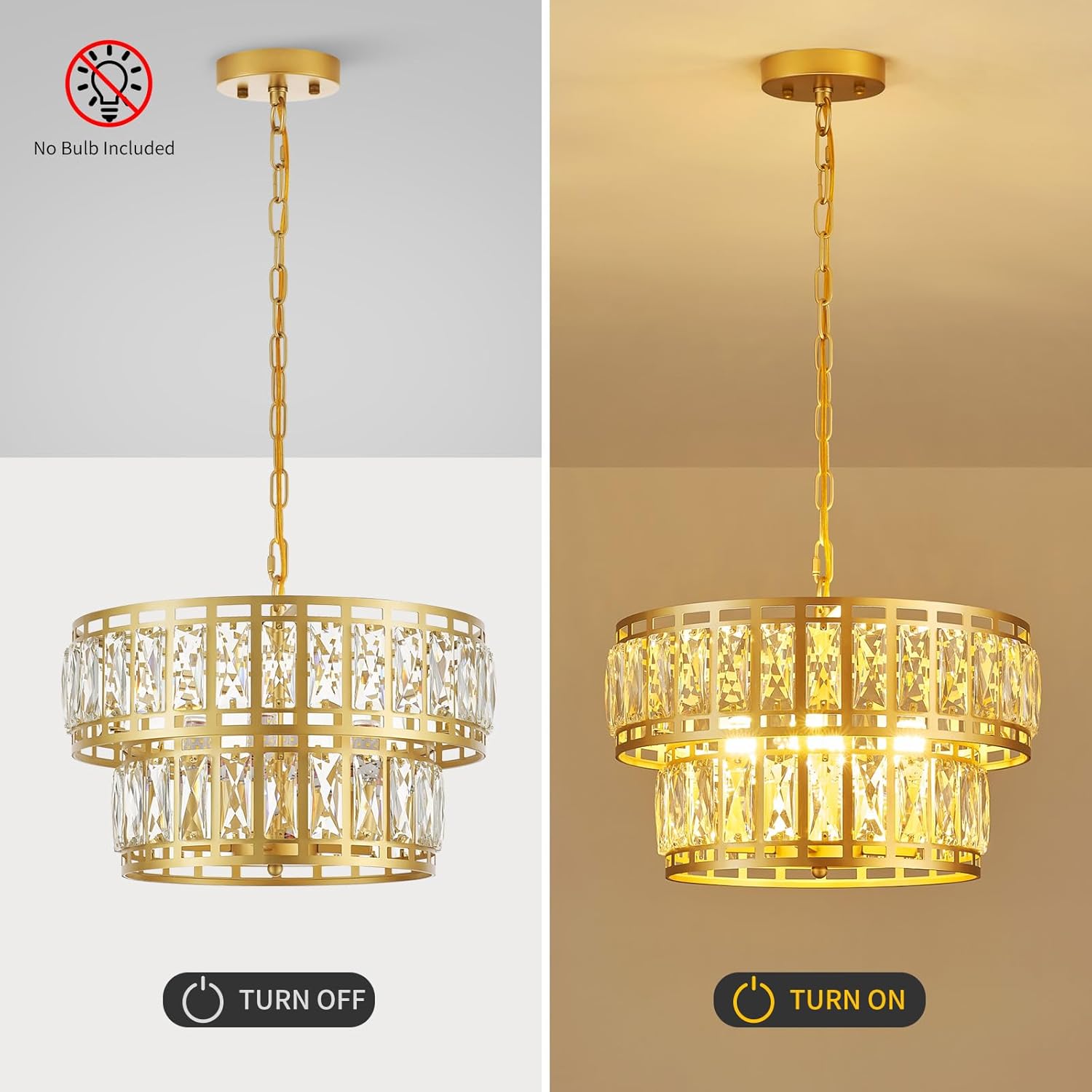 16" Gold Crystal Chandelier – 4-Light Modern 2-Tier Pendant