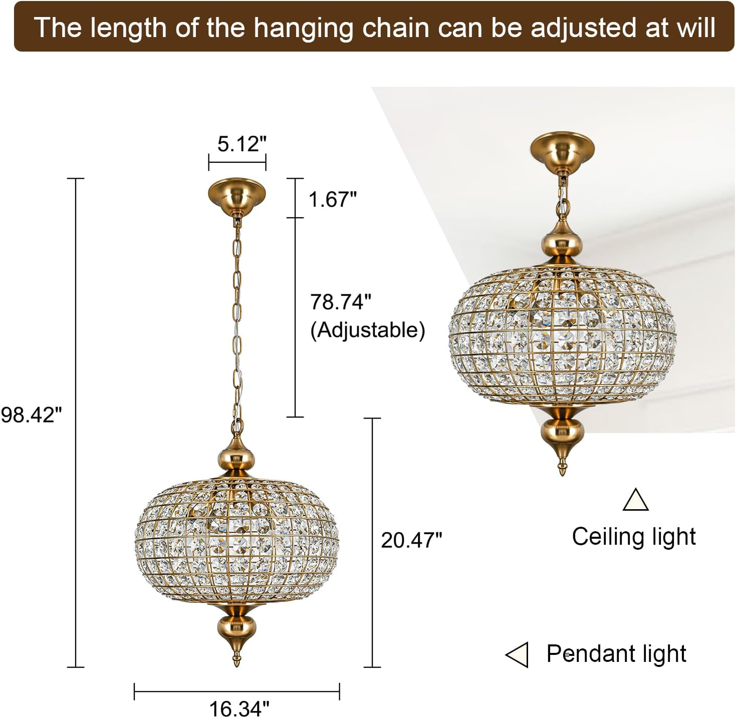 16.5" Gold Globe Crystal Chandelier – 4-Light Pendant