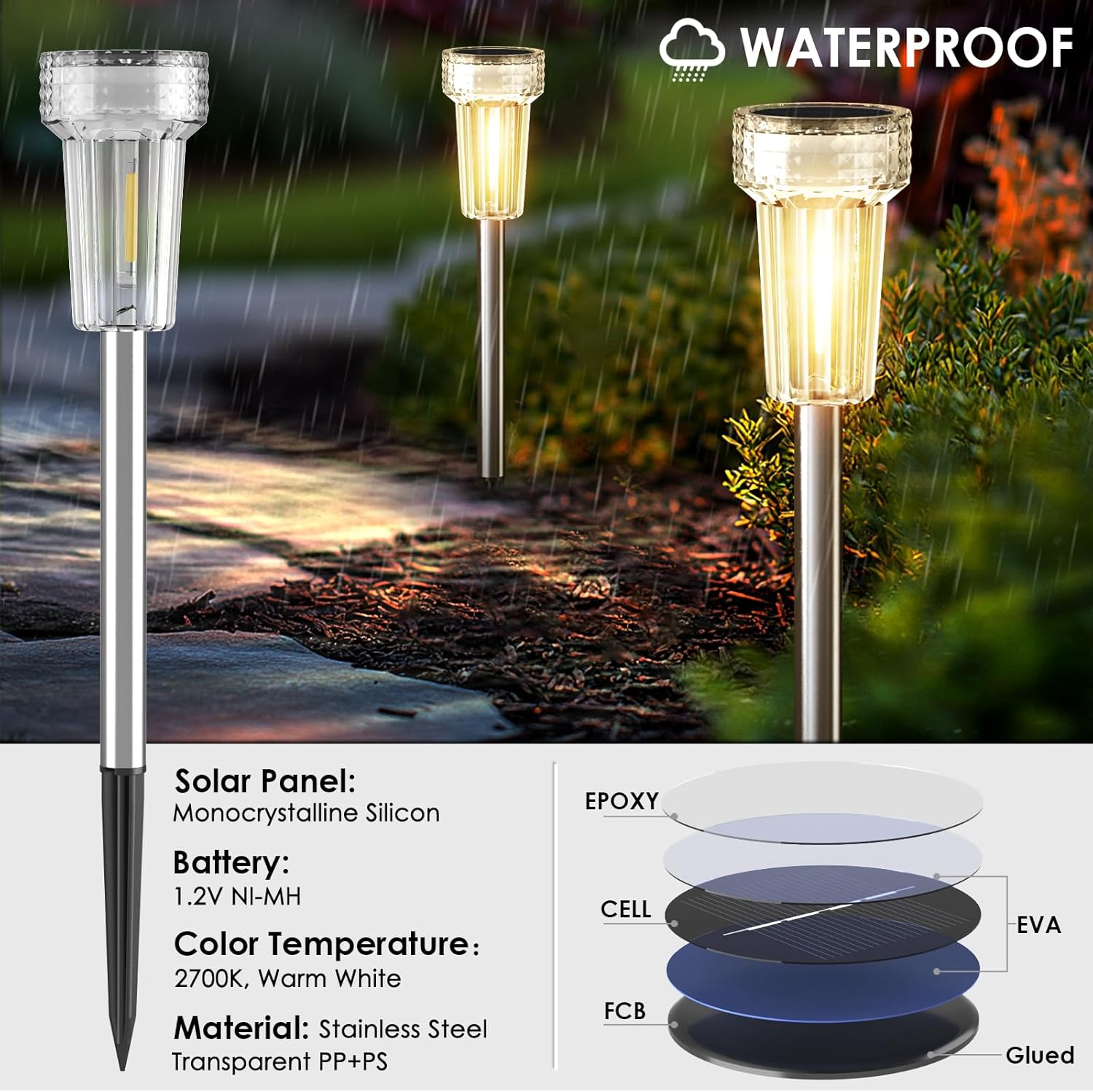 8-Pack Stainless Steel Solar Pathway Lights