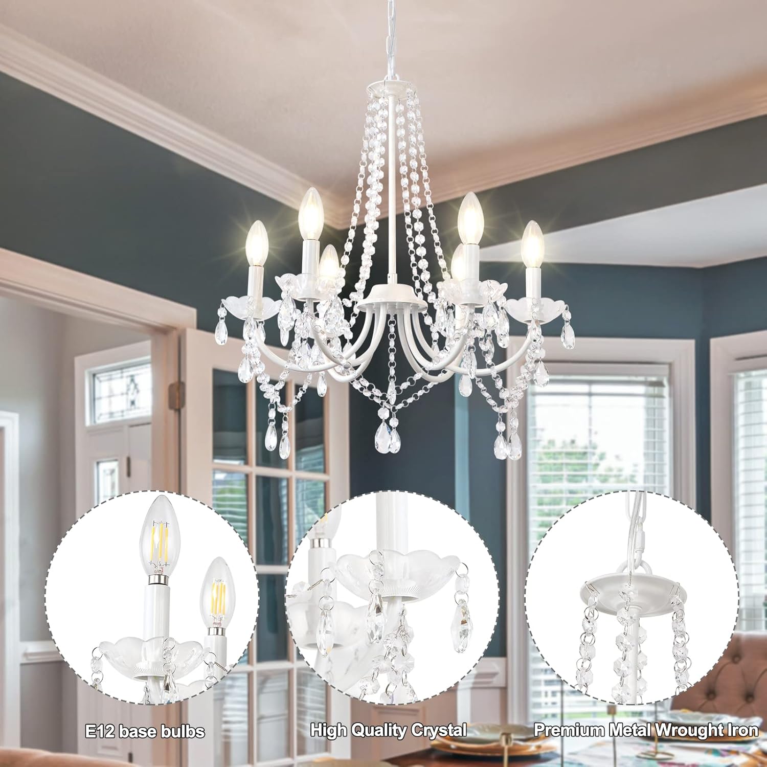 White Crystal Chandelier – 6-Light Elegant