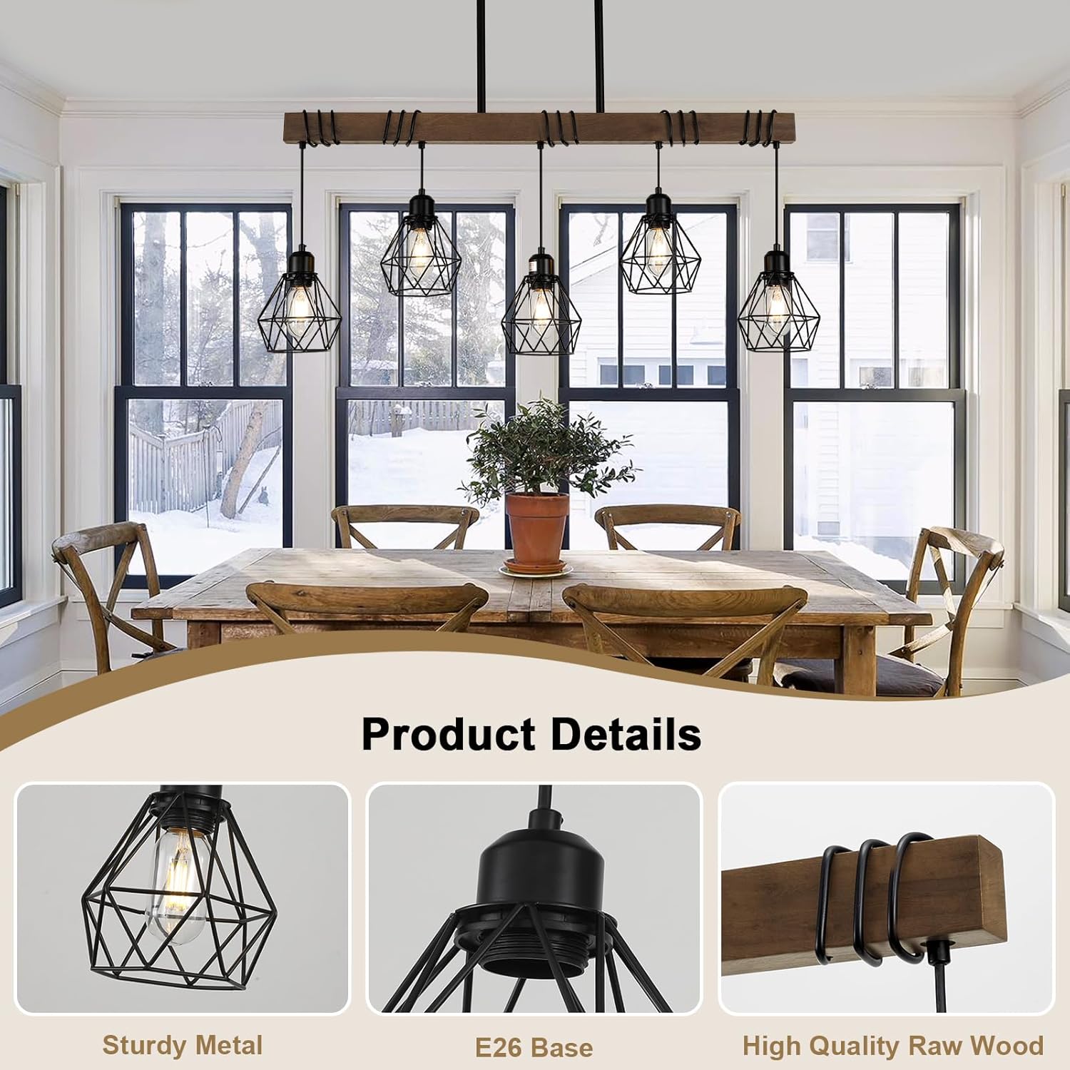 5-Light Farmhouse Wood & Metal Kitchen Chandelier – Black Finish