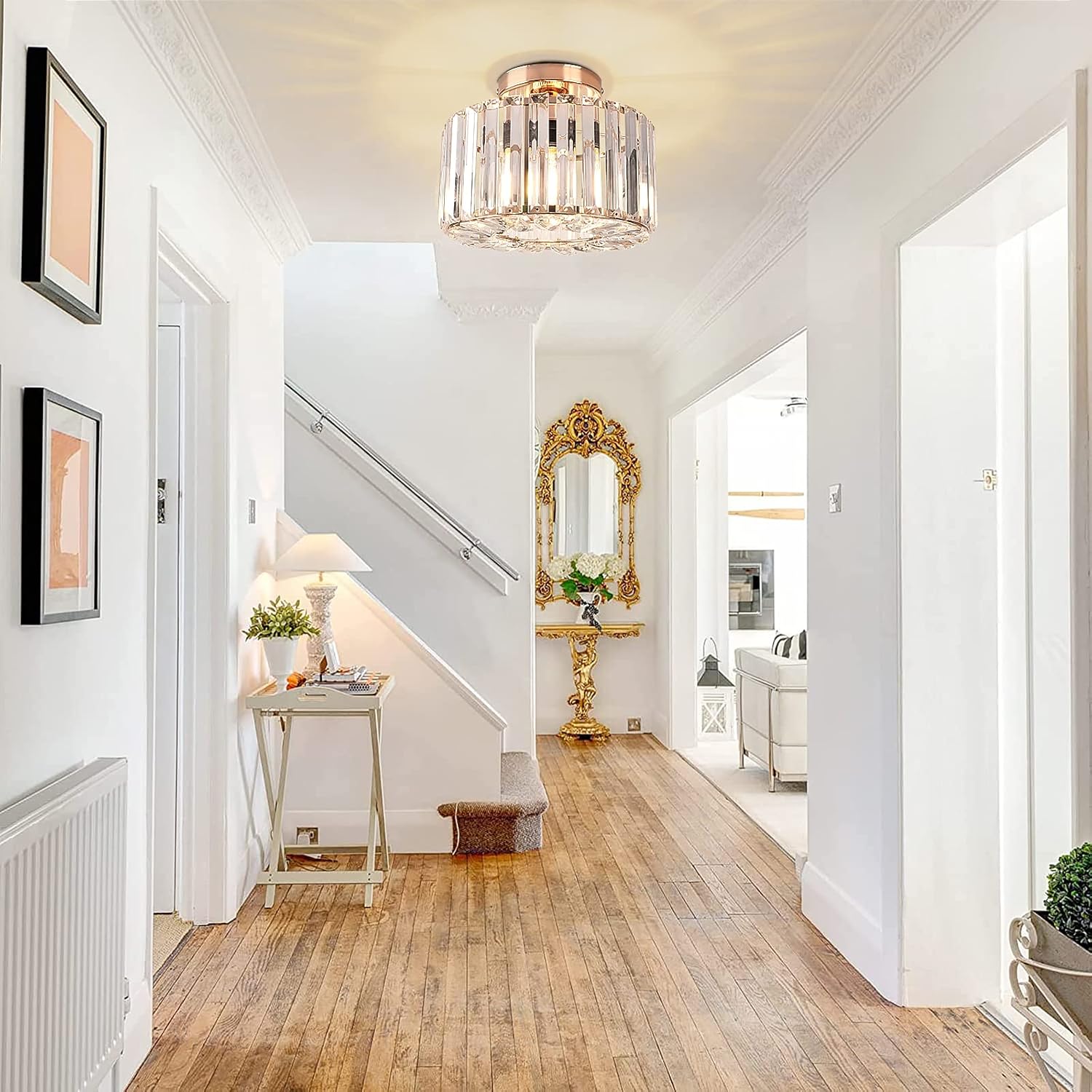 Gold Crystal Semi Flush Ceiling Light Fixture