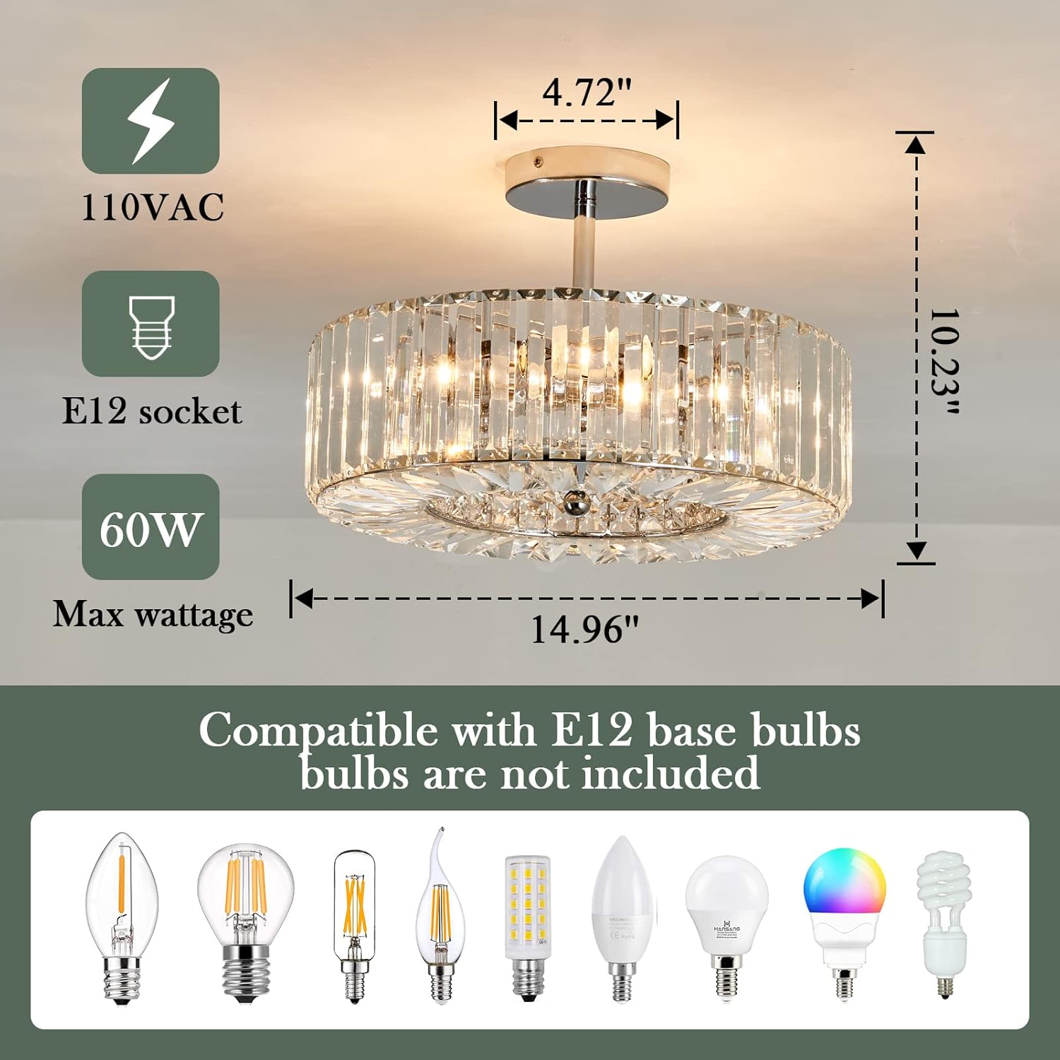 4-Light Chrome Crystal Semi-Flush Mount Chandelier