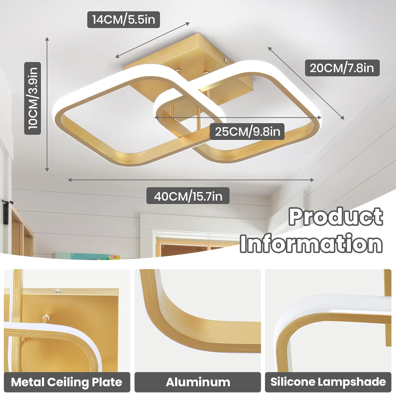 Gold Square LED Ceiling Light – 6000K, Modern