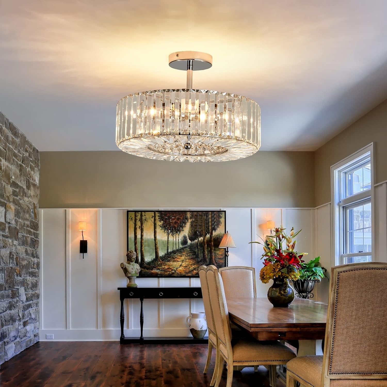 4-Light Chrome Crystal Semi-Flush Mount Chandelier