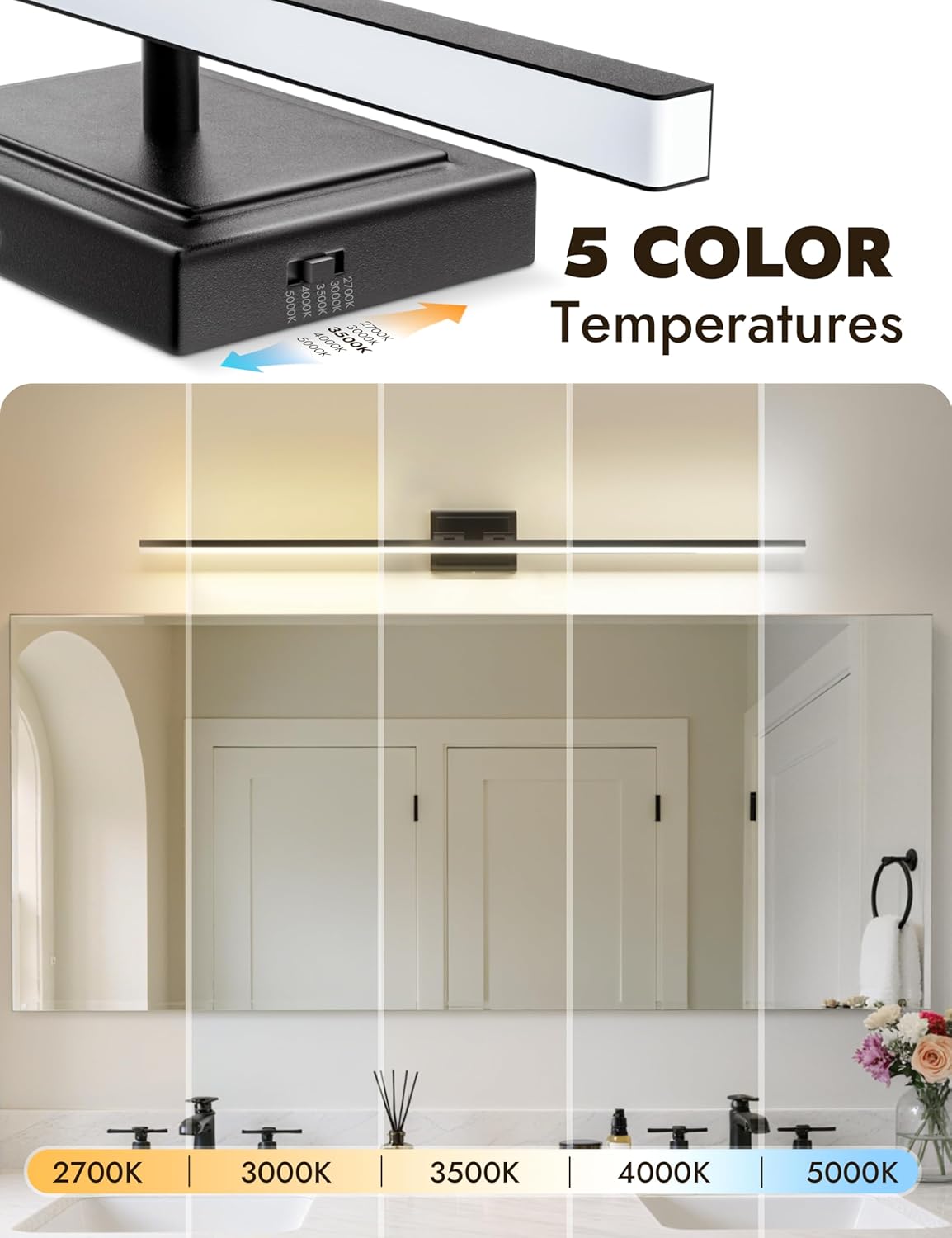 48" Black LED Vanity Light – 5CCT, Dimmable