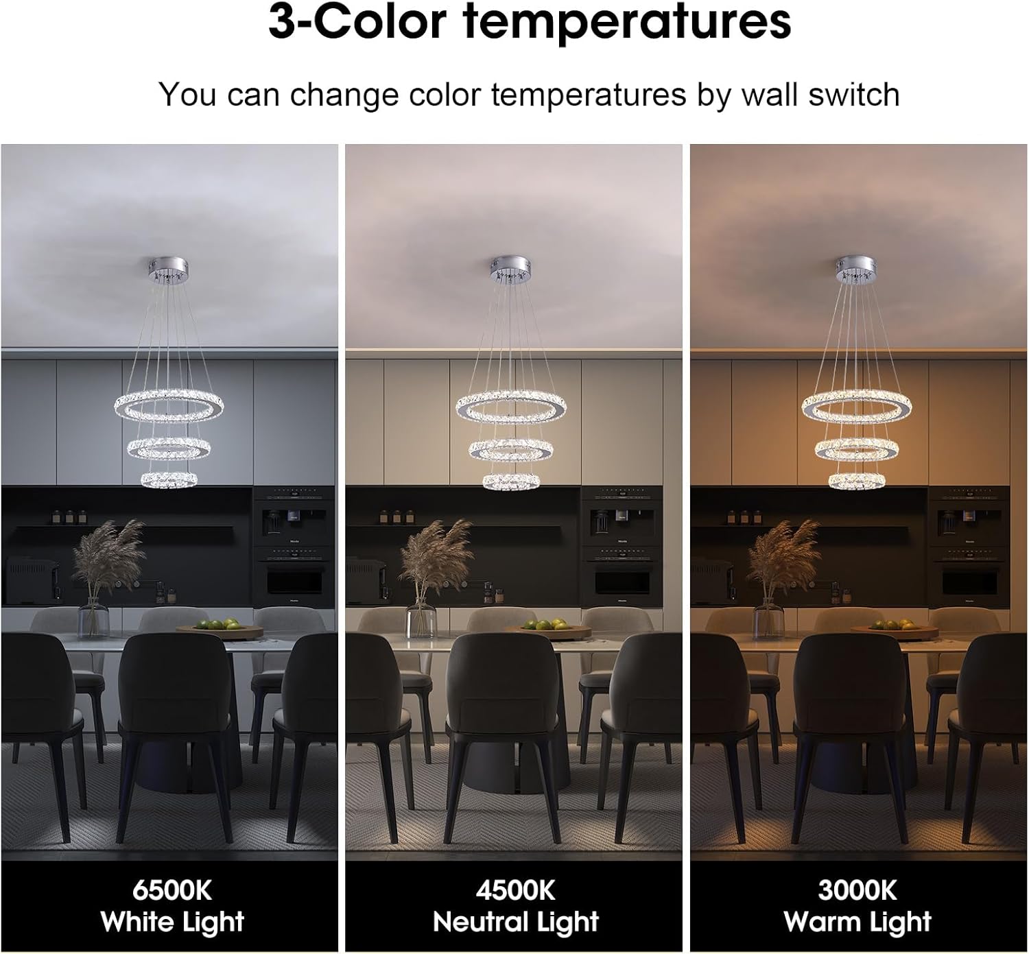 Modern Crystal LED Chandelier – 3-Ring Silver Pendant Light