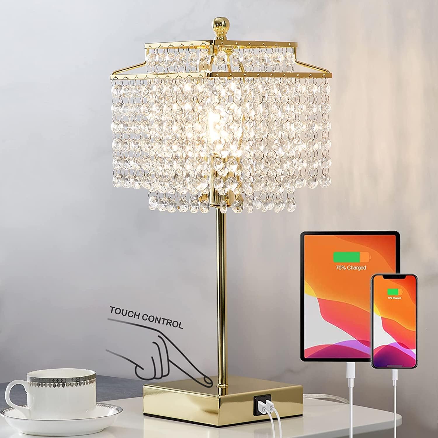 Crystal Touch Lamp – Gold, USB, 3-Way Dimmer
