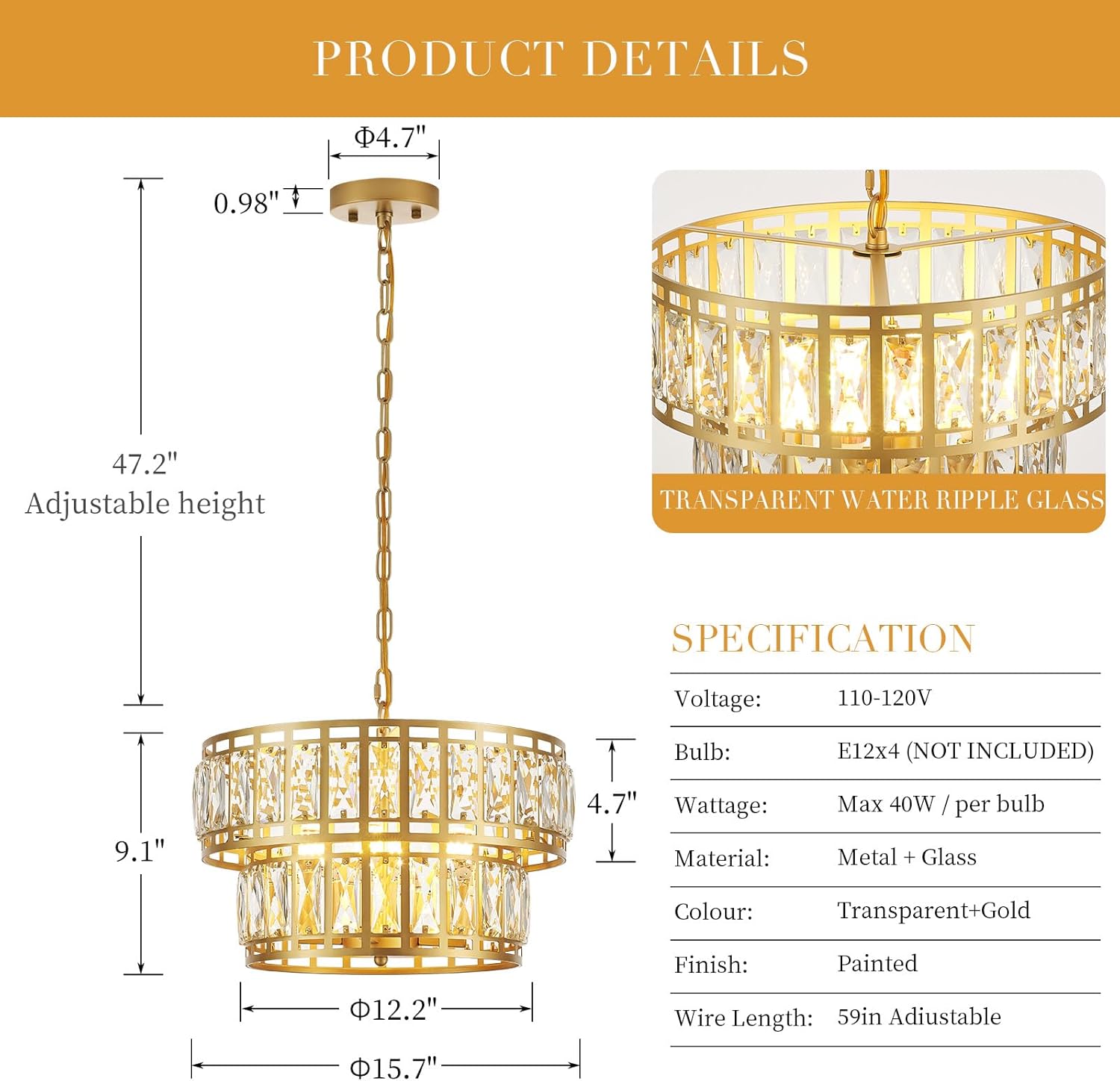 16" Gold Crystal Chandelier – 4-Light Modern 2-Tier Pendant