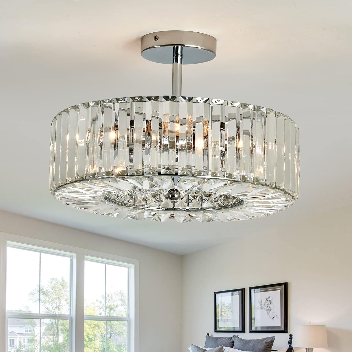 4-Light Chrome Crystal Semi-Flush Mount Chandelier
