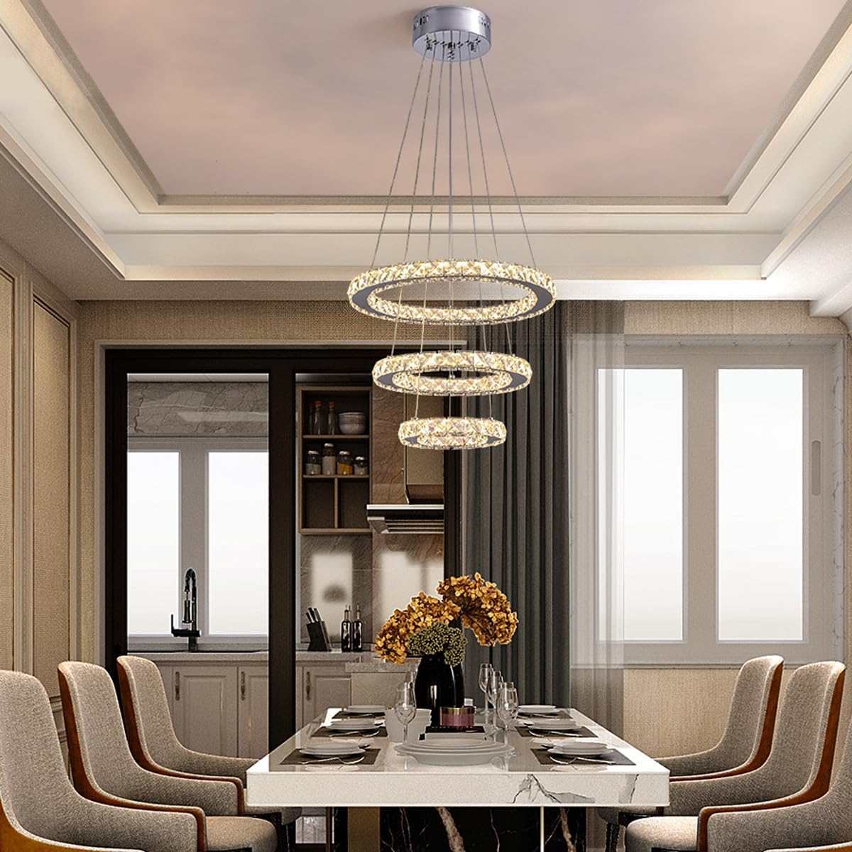 Modern Crystal LED Chandelier – 3-Ring Silver Pendant Light