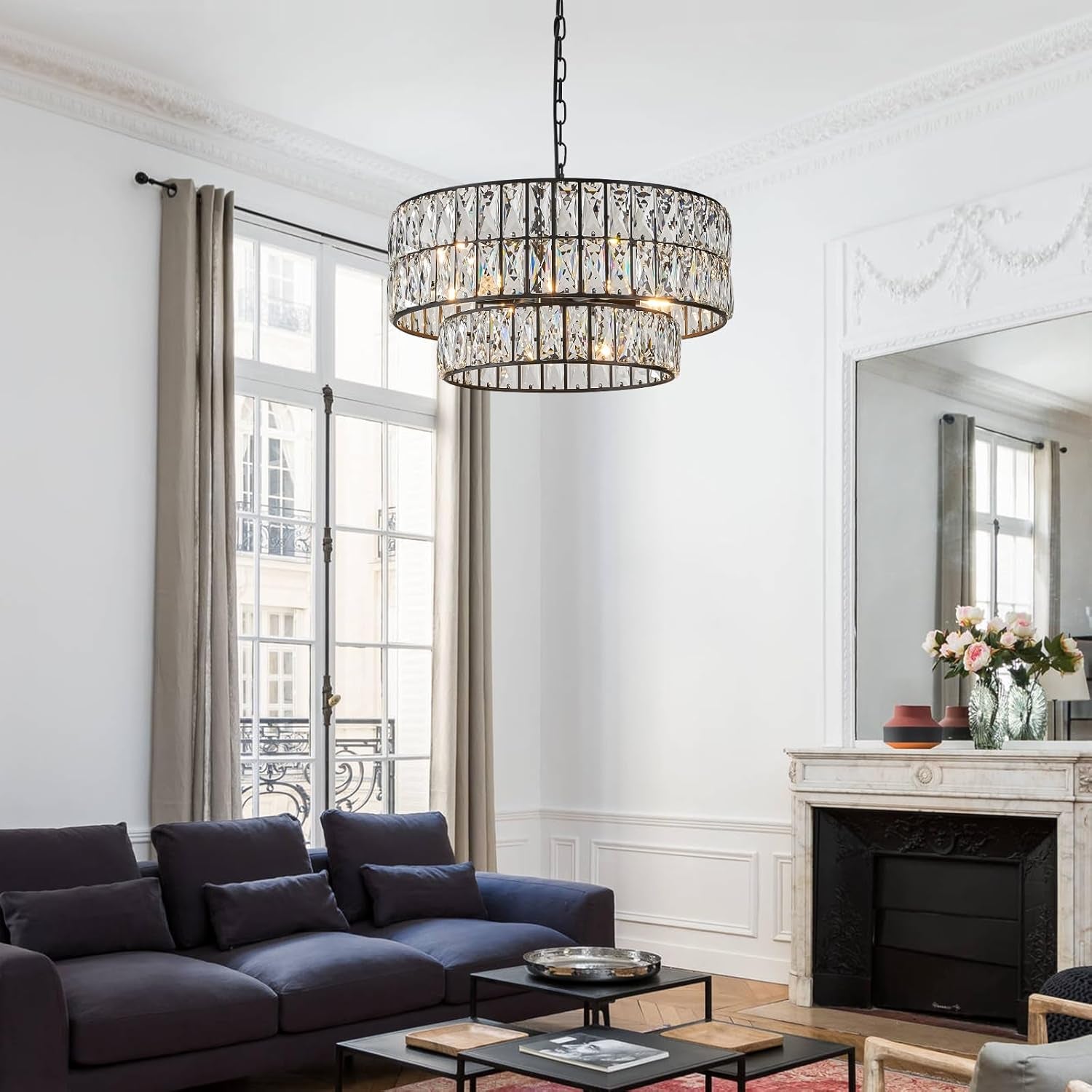 20" Black Crystal Drum Chandelier – 6-Light Semi Flush Mount