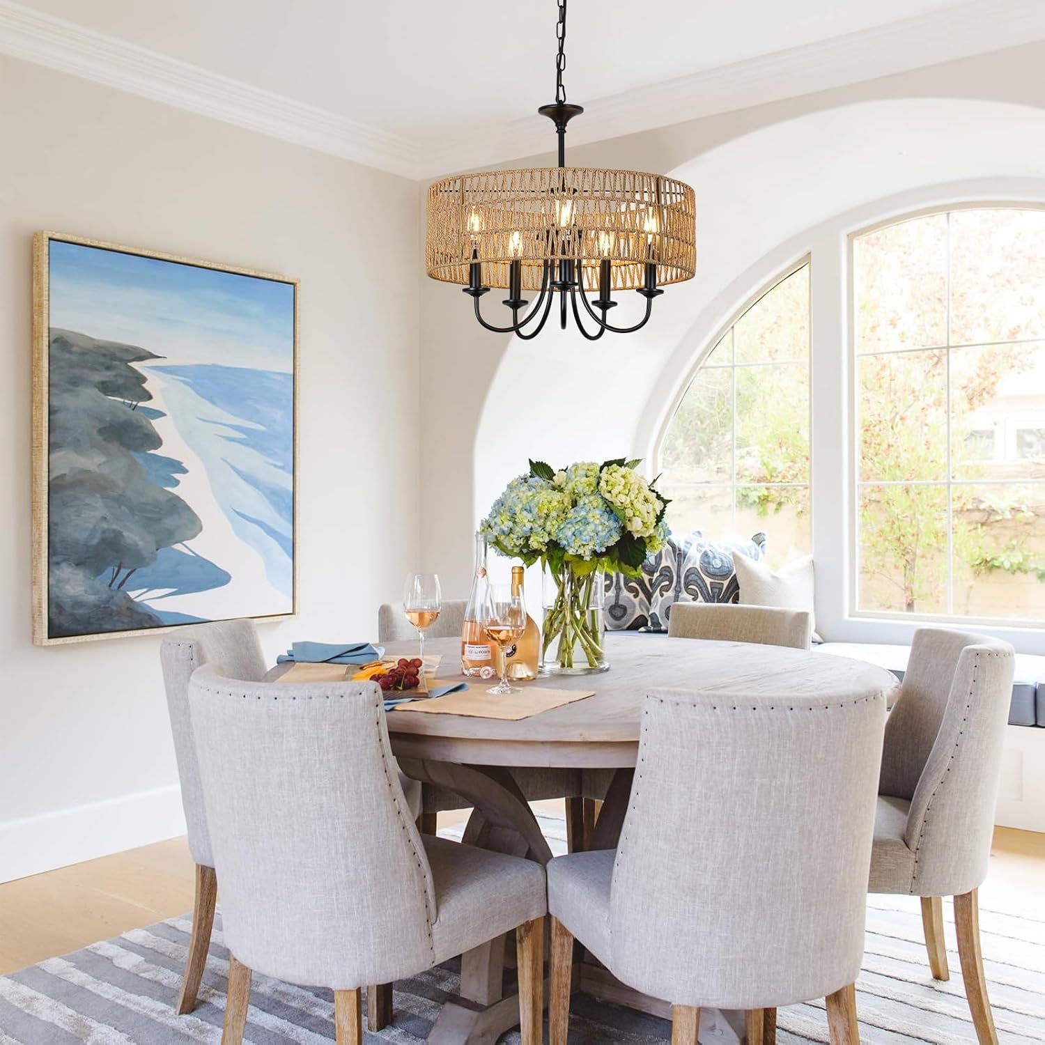 5-Light Rattan Chandelier – Boho Farmhouse Style