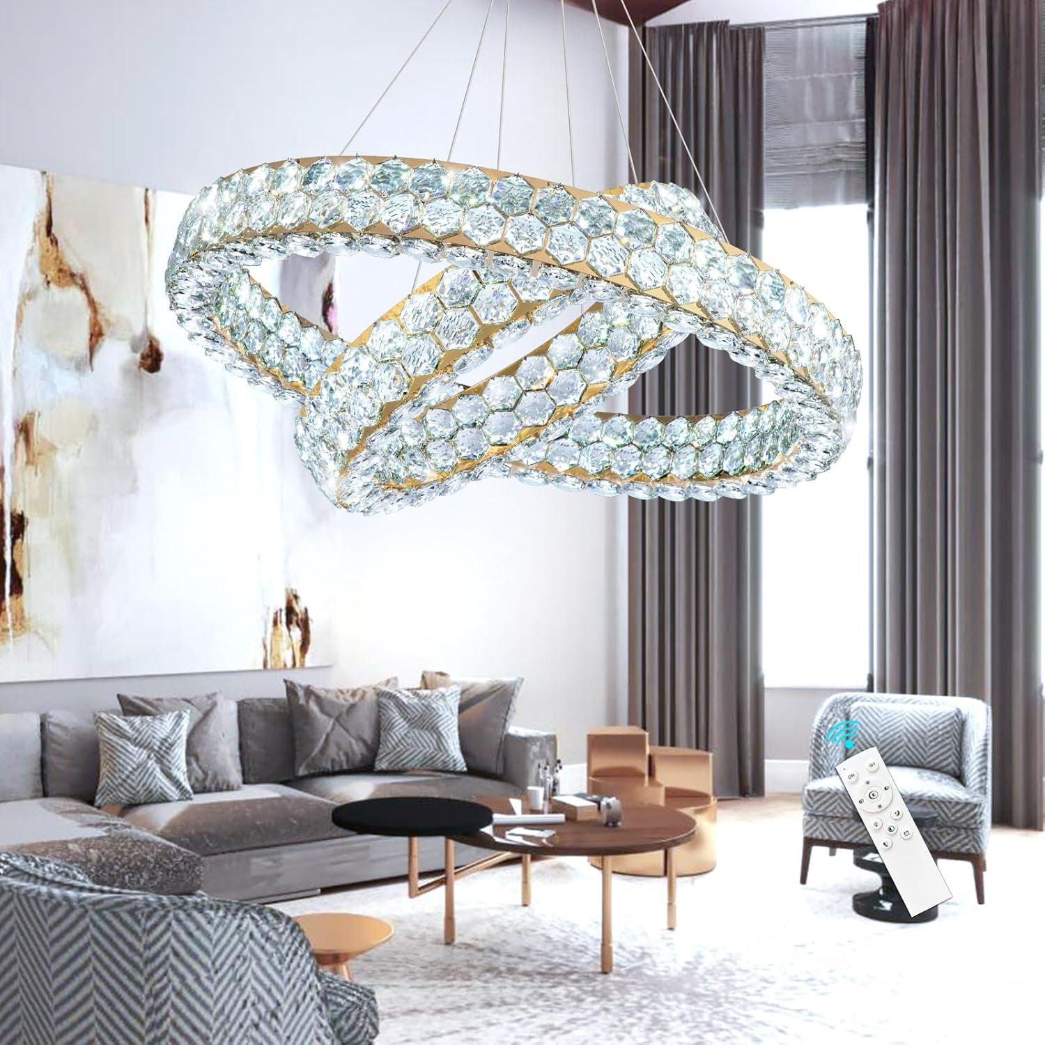 Modern 2-Ring Gold Crystal LED Chandelier