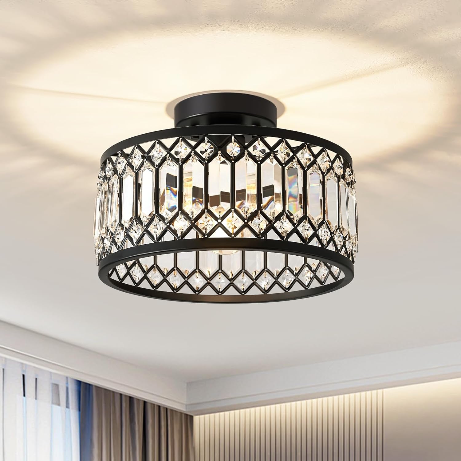 Crystal Black Ceiling Light, Modern Semi Flush Mount Ceiling Lighting Fixture, round Hallway Lighting Fixtures Chandelier for Kitchen Entryway Bedroom Dining Room, 3-Light, 12.2 Inch