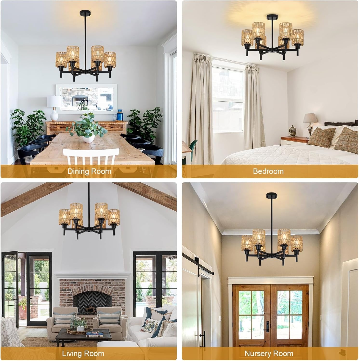 Rattan Farmhouse Chandelier – Black Boho Pendant